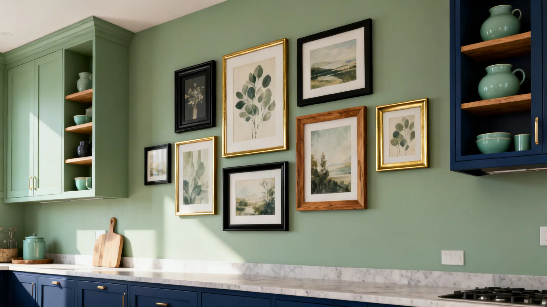 Color-curated frame walls to echo cabinet tones