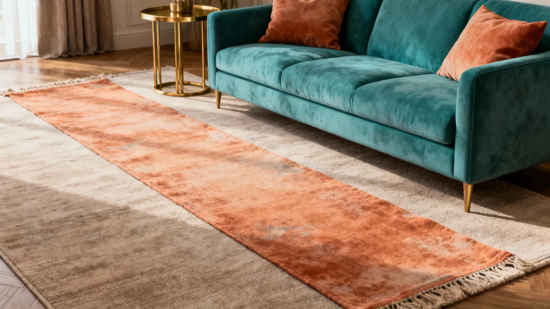 Faded terracotta runner layered over a neutral rug in a living room with a teal sofa and brass accents.