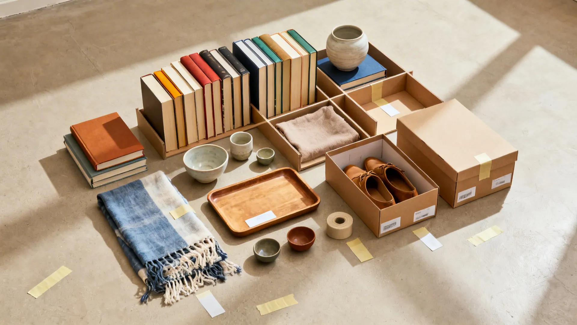 Flat lay showing books in boxes brown shoes wooden tray ceramic bowls and blue scarf
