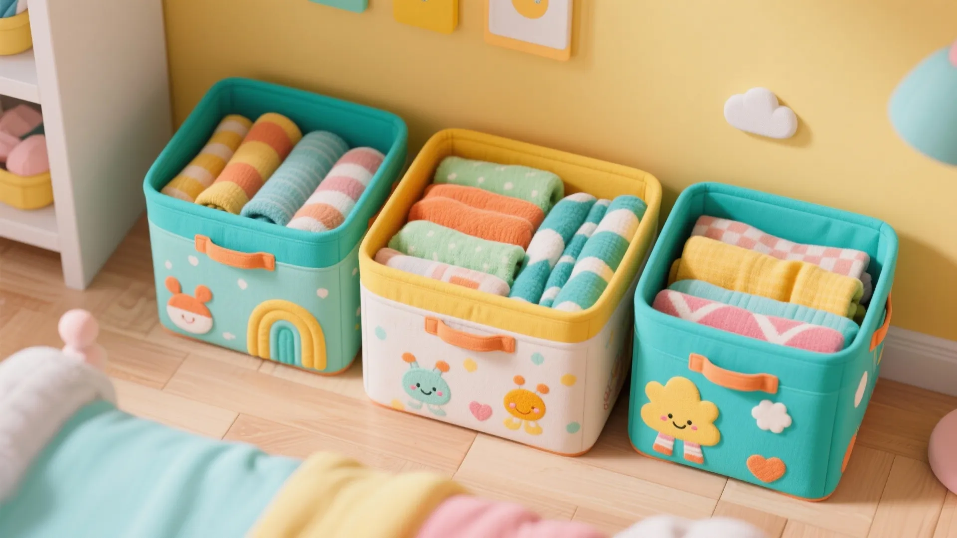 Three colorful fabric storage bins with cute patterns holding folded towels on a wooden floor
