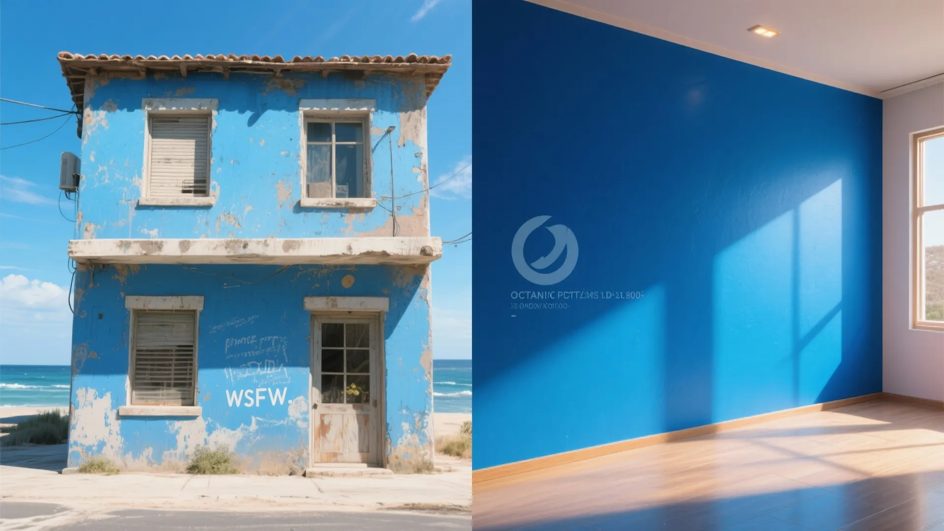 Split image showing sun-faded exterior deep-blue facade and matching fresh interior deep-blue wall to illustrate fading differences.
