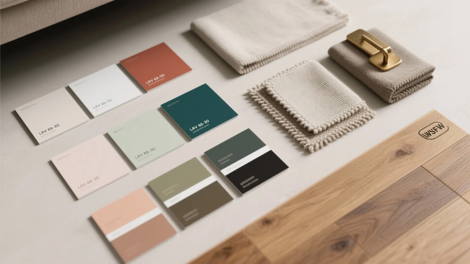 Interior design material board with colorful paint swatches fabric samples wood flooring and gold handle