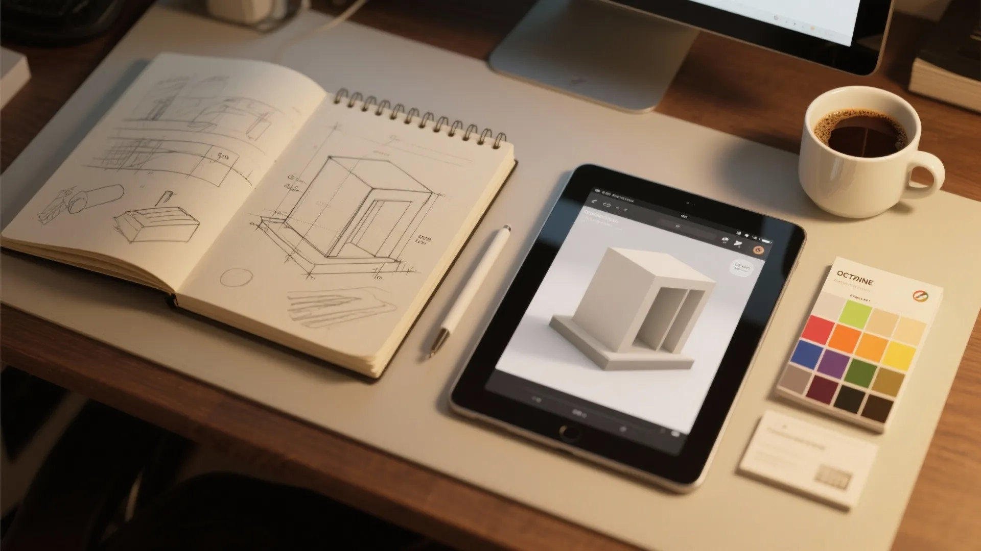 Work desk with architectural sketch book digital tablet color palette coffee cup and stylus pen