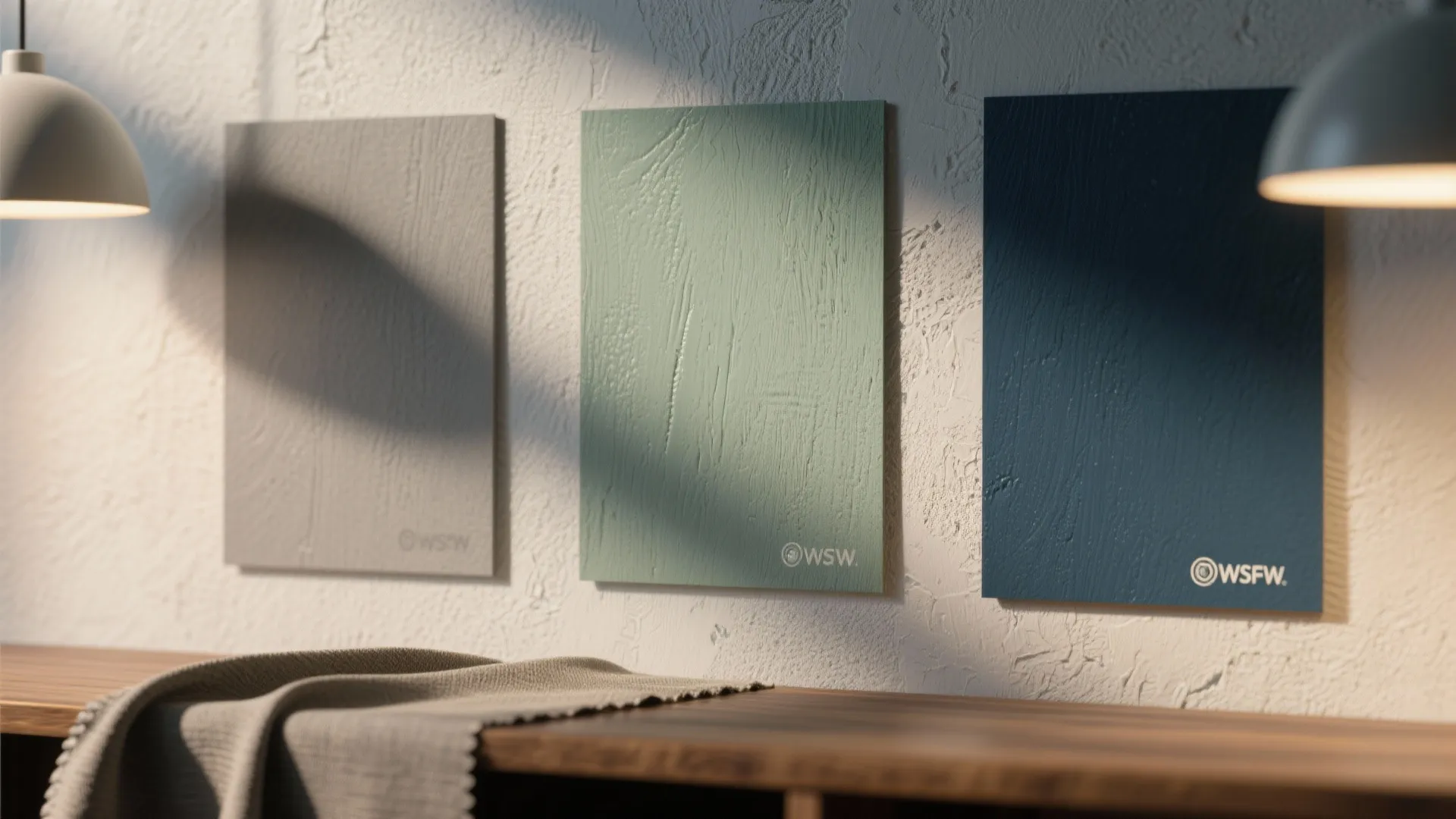 Three square paint color samples on a white wall with two hanging lights and shadows