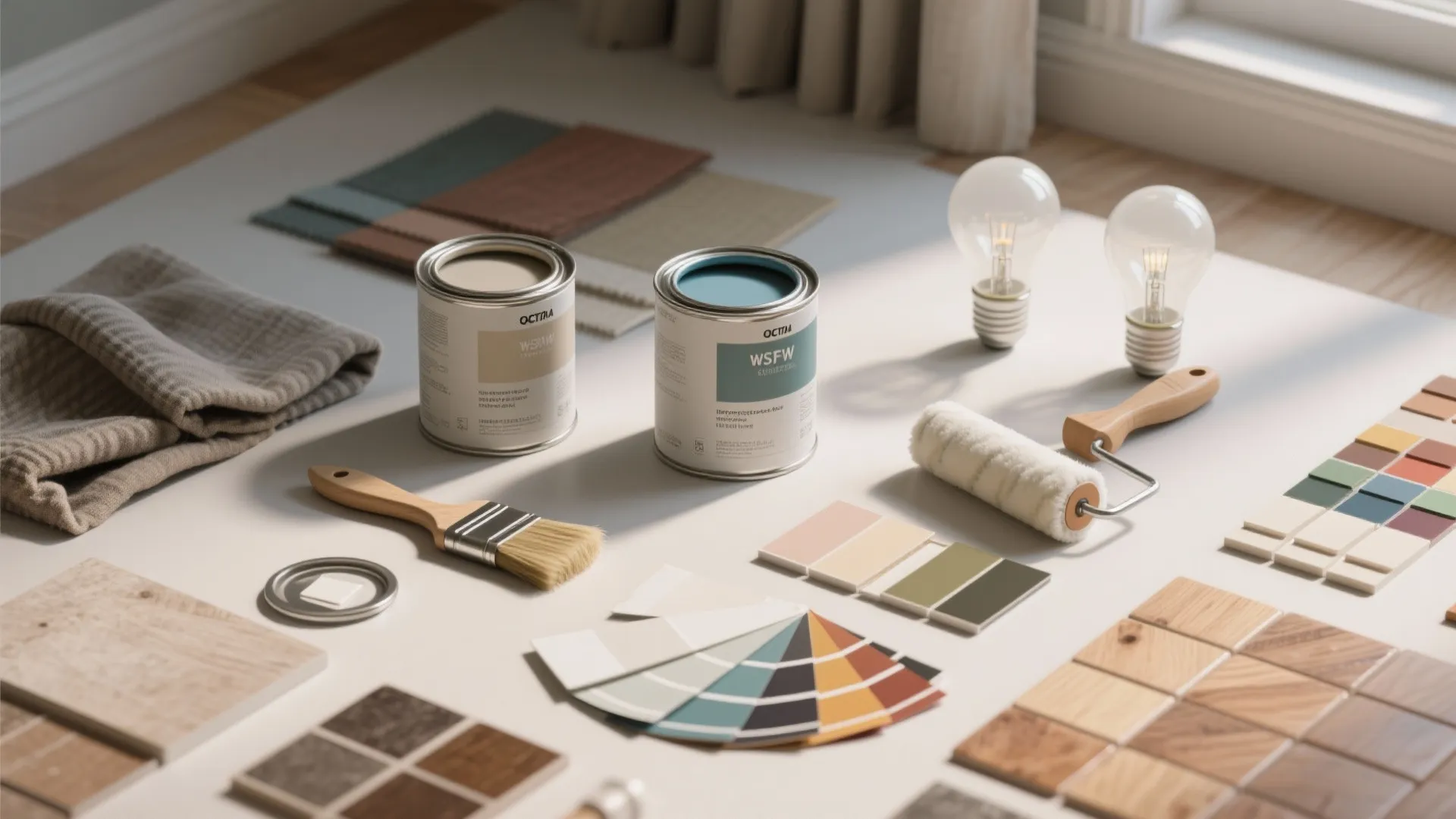 Home renovation tools with paint cans paint brush roller light bulbs and wood floor color samples