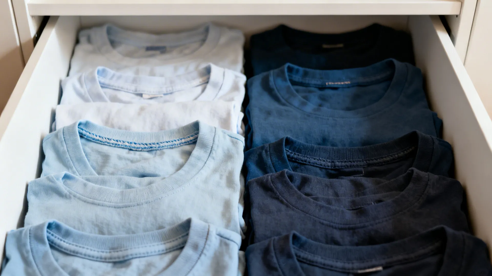Macro of file-folded T-shirts arranged by color from light to dark in soft daylight.