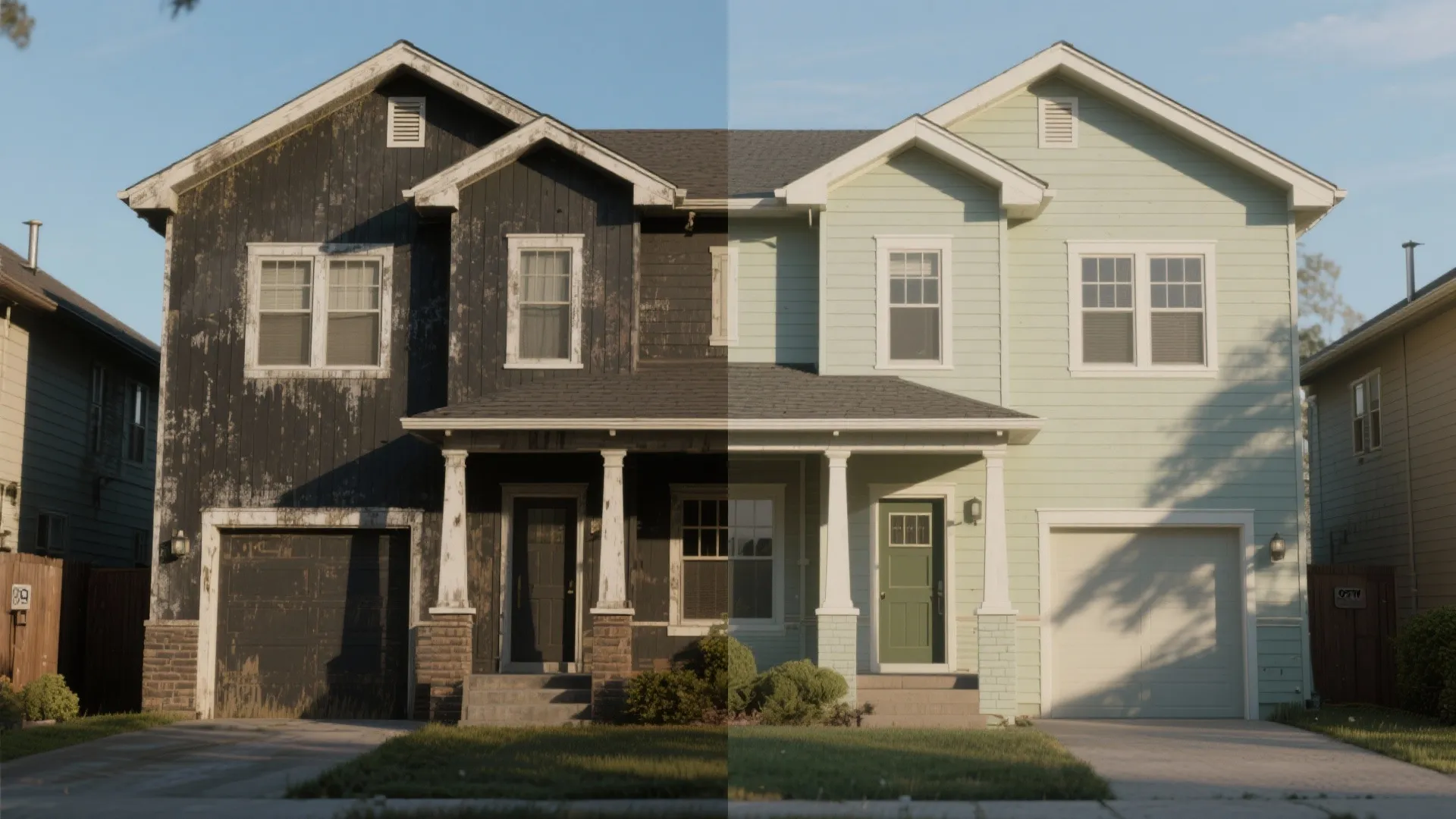 Before and after comparison of a dark old house exterior versus a new light green
