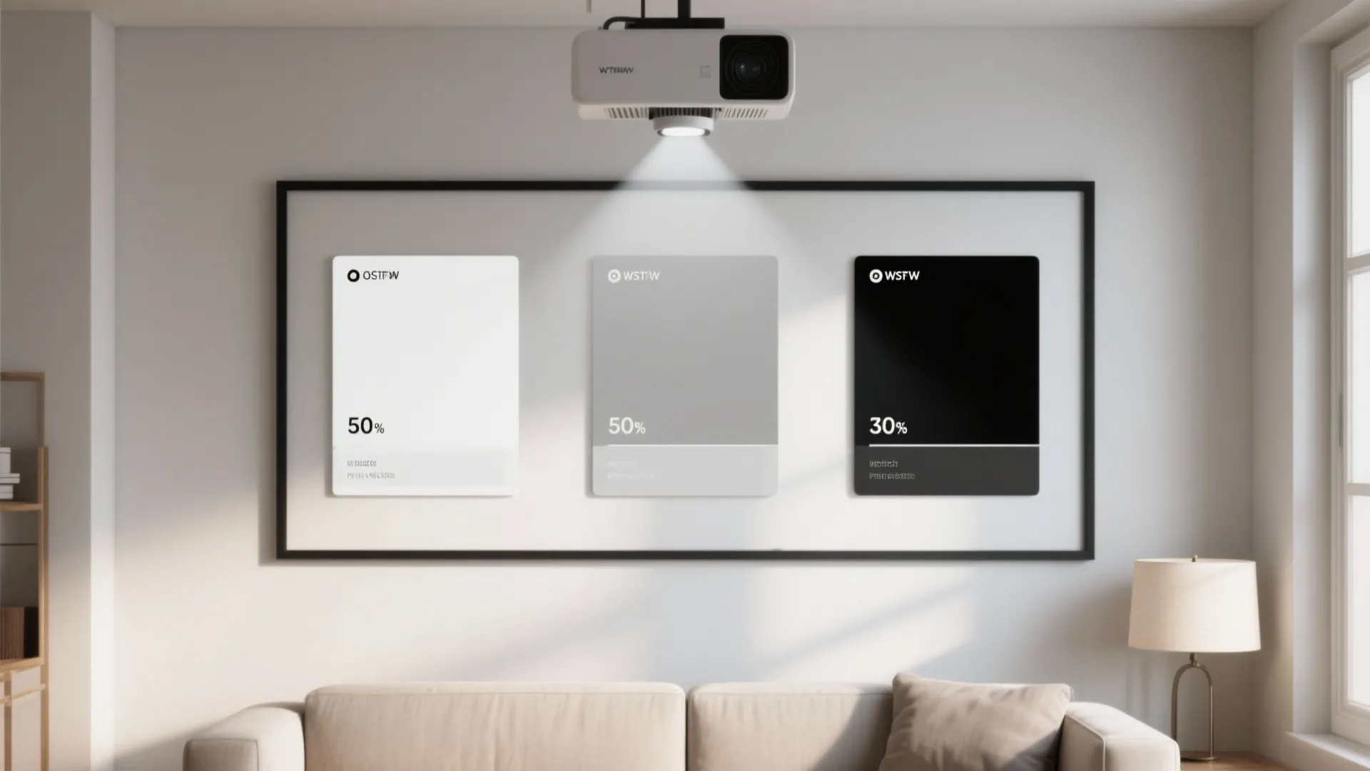 Projector displaying white grey and black color finish samples on wall above a cream sofa