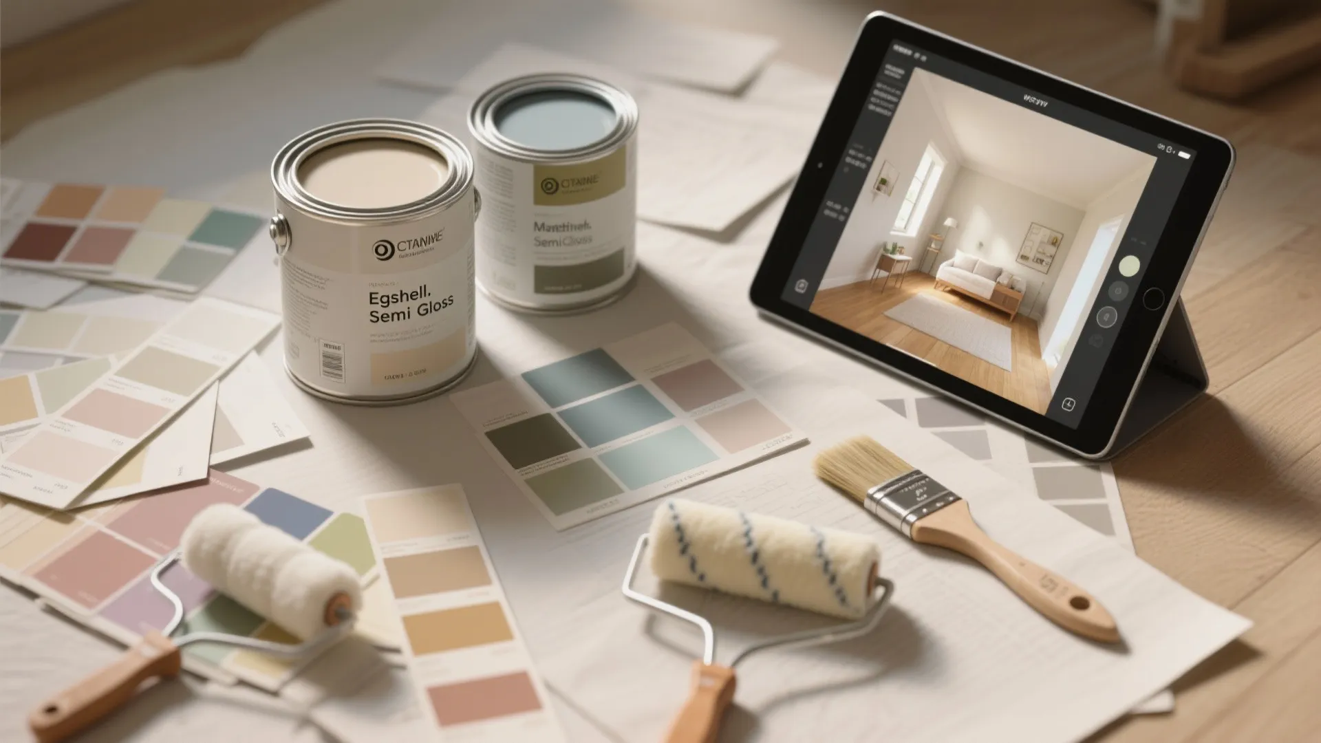 Paint cans, color swatches, and rollers on a desk beside tablet displaying interior design drawing