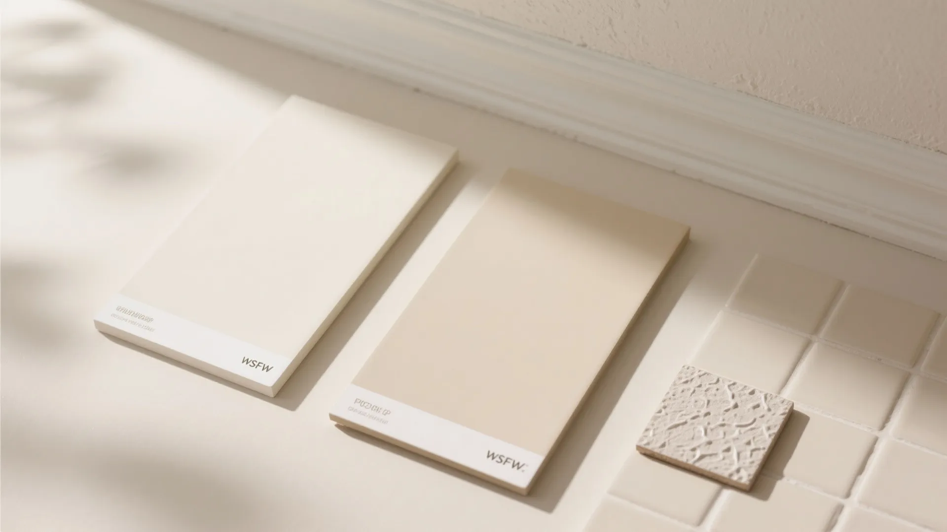 Interior design color palette with beige paint swatches and textured cream wall tiles on table