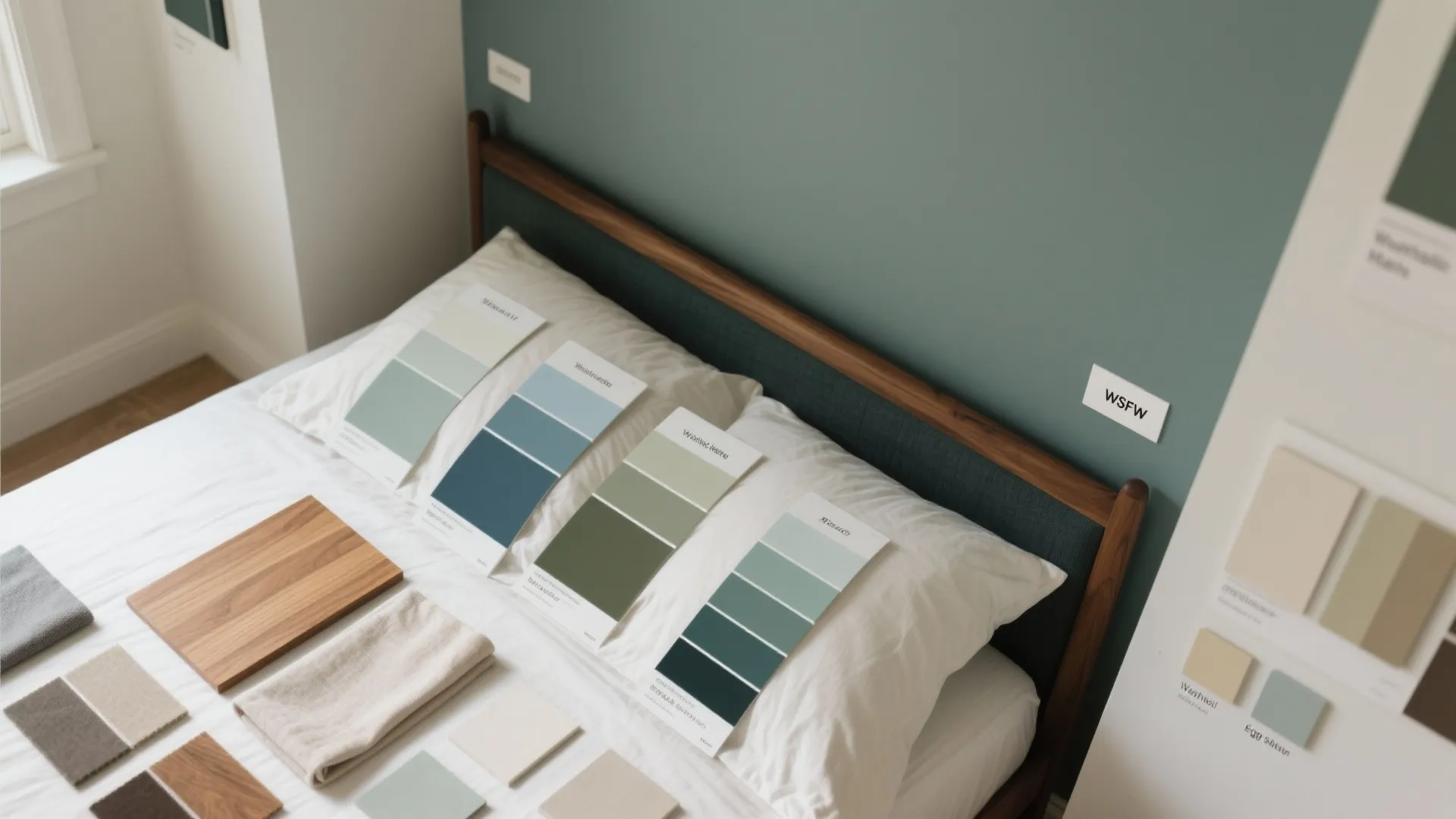 Interior design color palette samples with paint swatches and wood pieces on a white bed