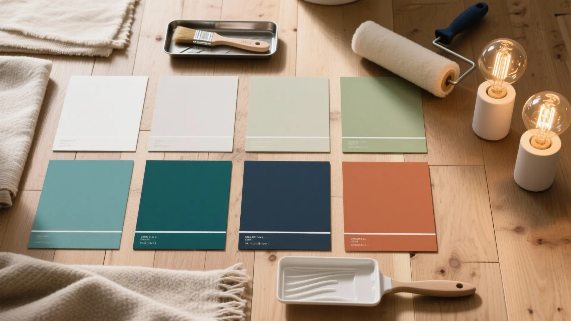 Top view of paint color cards on wood floor with paint roller brush and light bulbs