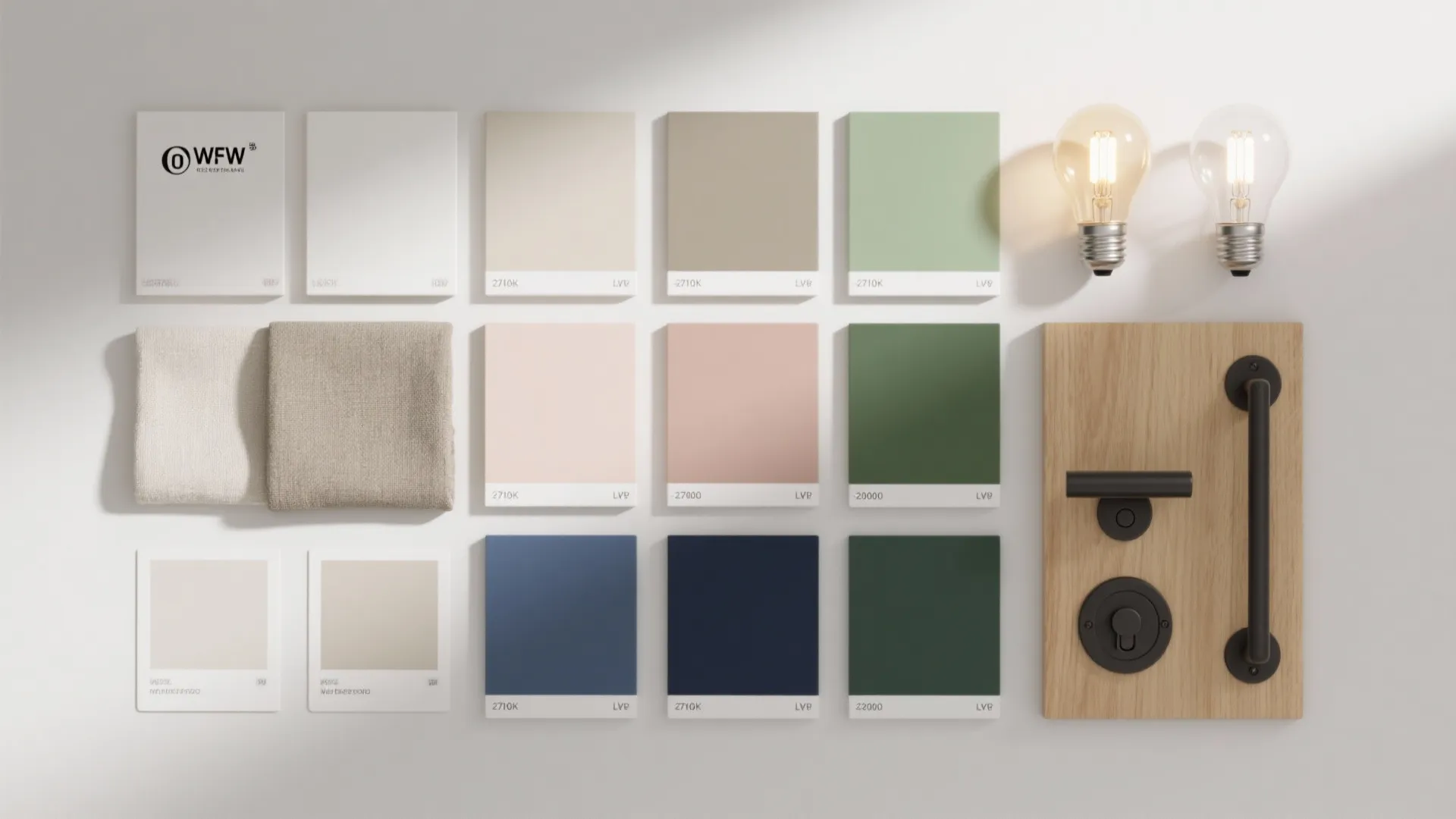 Interior design mood board with color paint swatches fabric samples wood panel and light bulbs