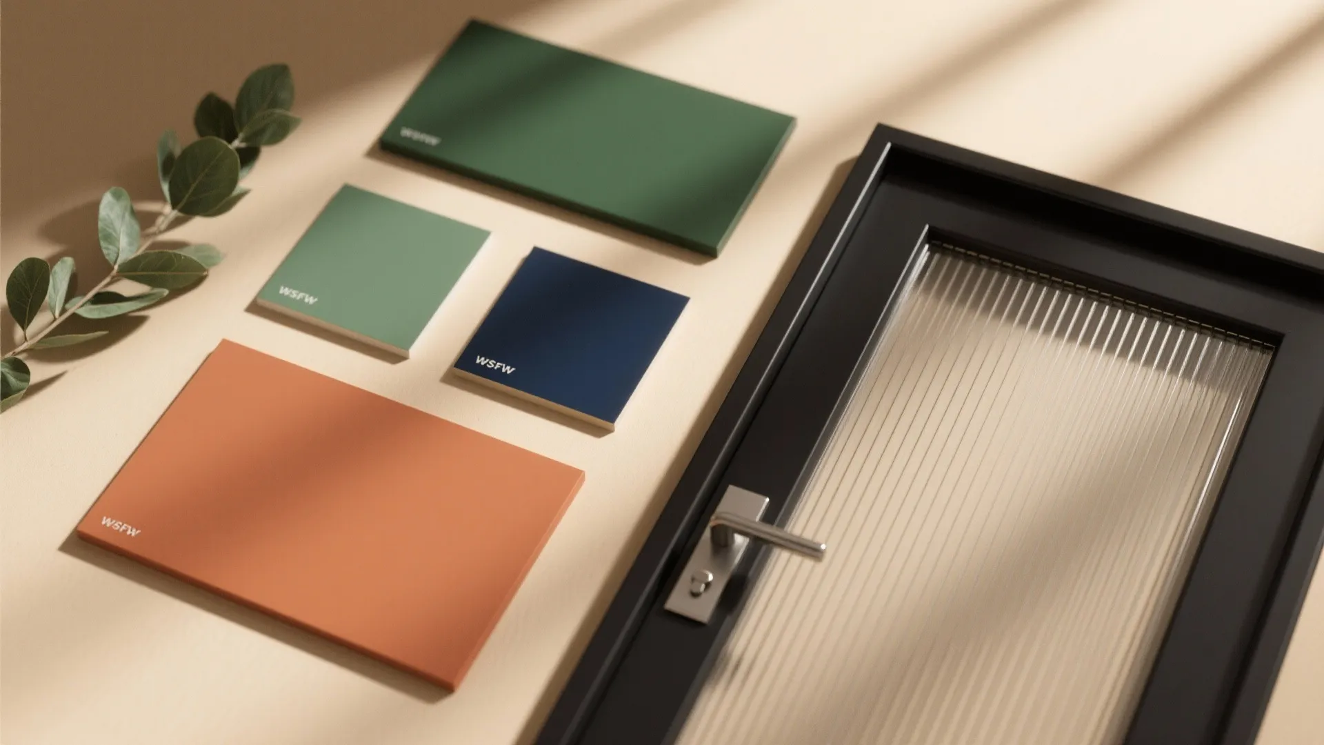 Interior design material flat lay with green blue and orange color samples and black door