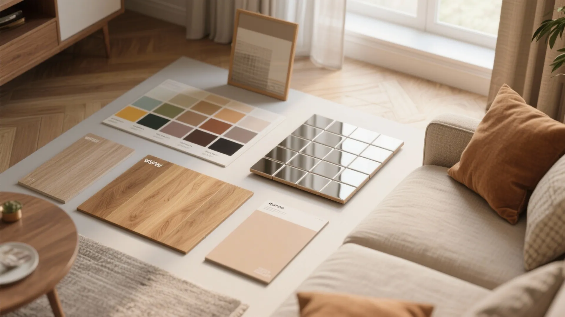 Flatlay of paint swatches, fabric samples and mirror tile showing a cohesive color story and gloss tests.