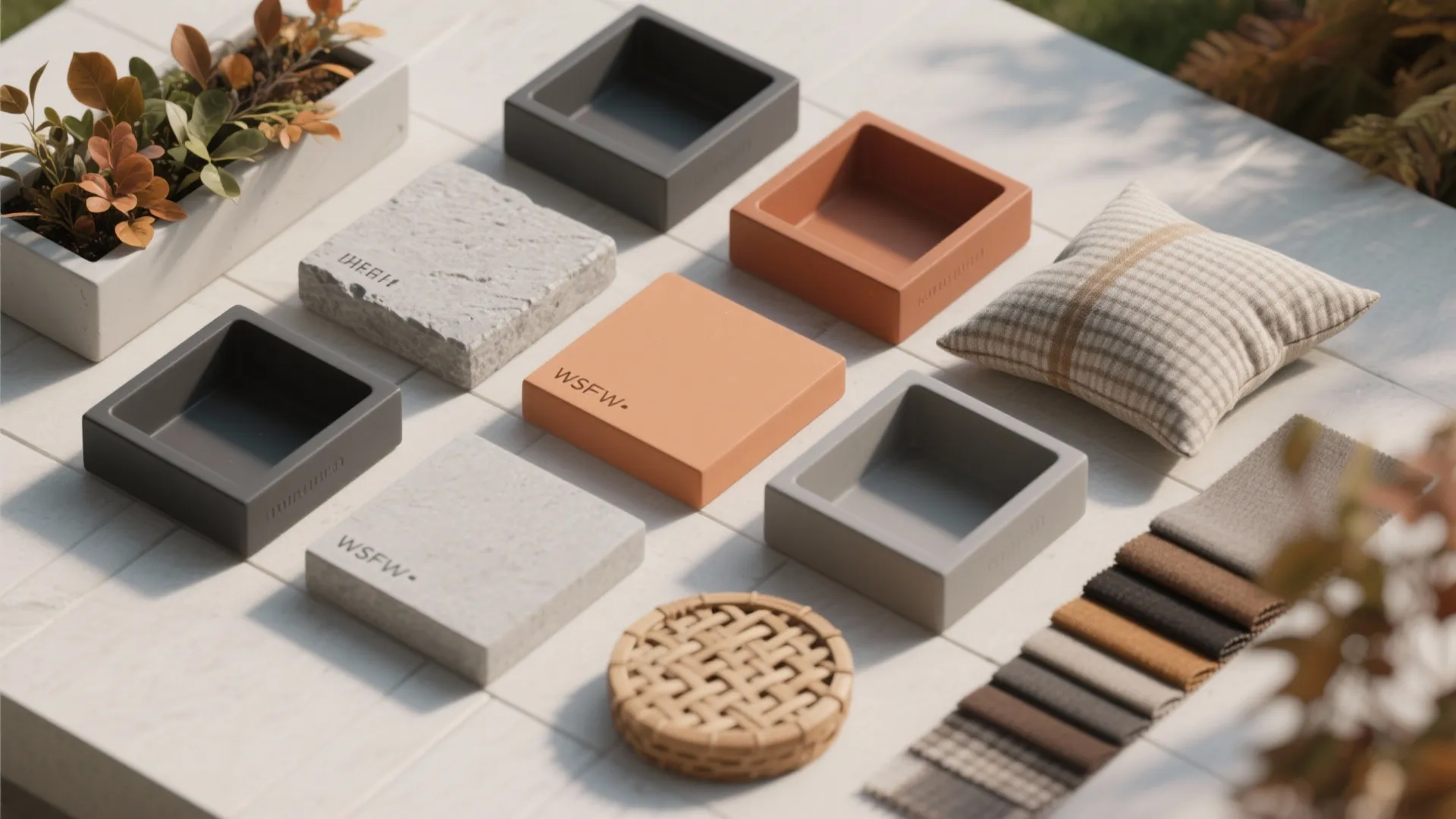 Flat lay of interior material samples including stone, fabric, colored trays, small pillow, and plants