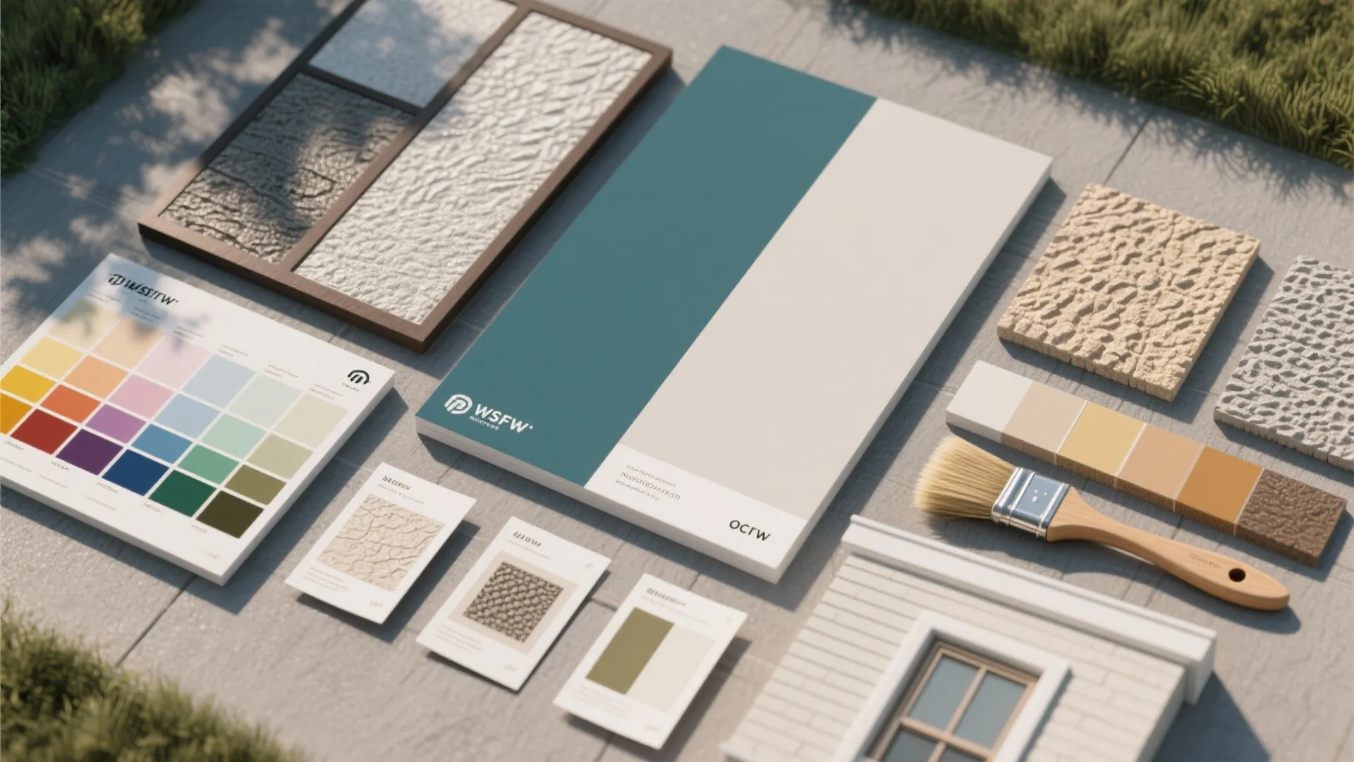 Interior design mood board with color palettes paint swatches stone samples and a small paintbrush