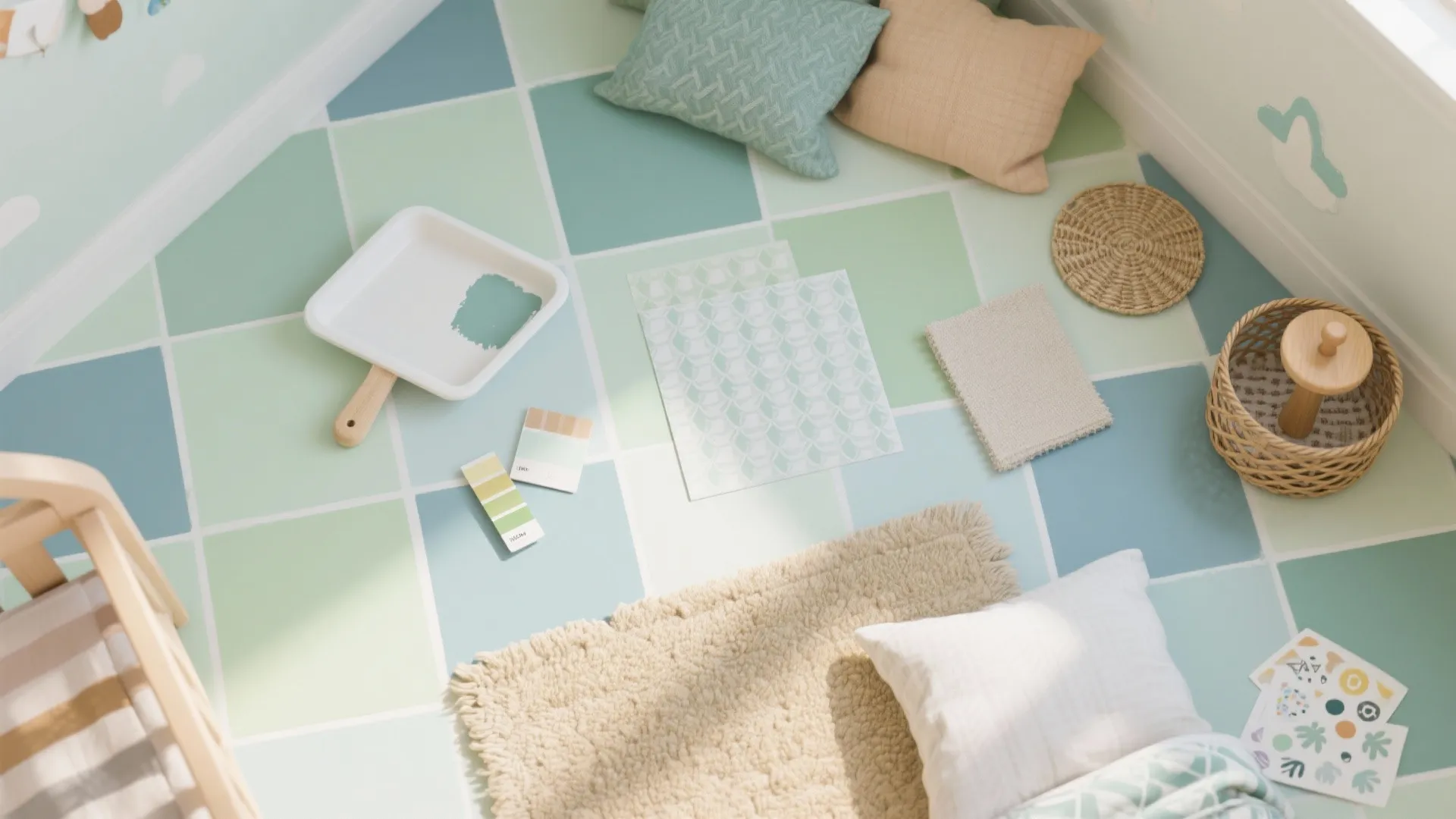 Interior design mood board with green floor tiles plus color swatches and soft fabric samples