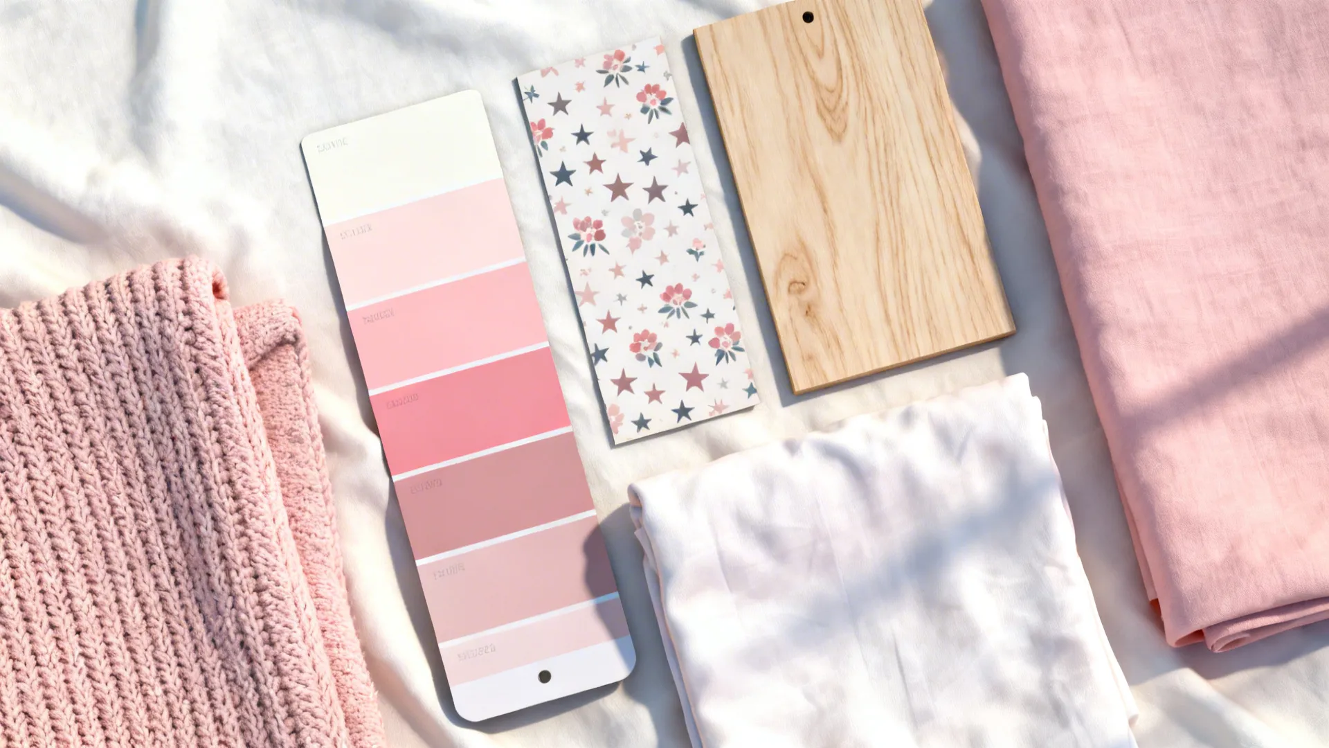 Flatlay of soft pastel paint swatches and fabric samples for a baby girl nursery