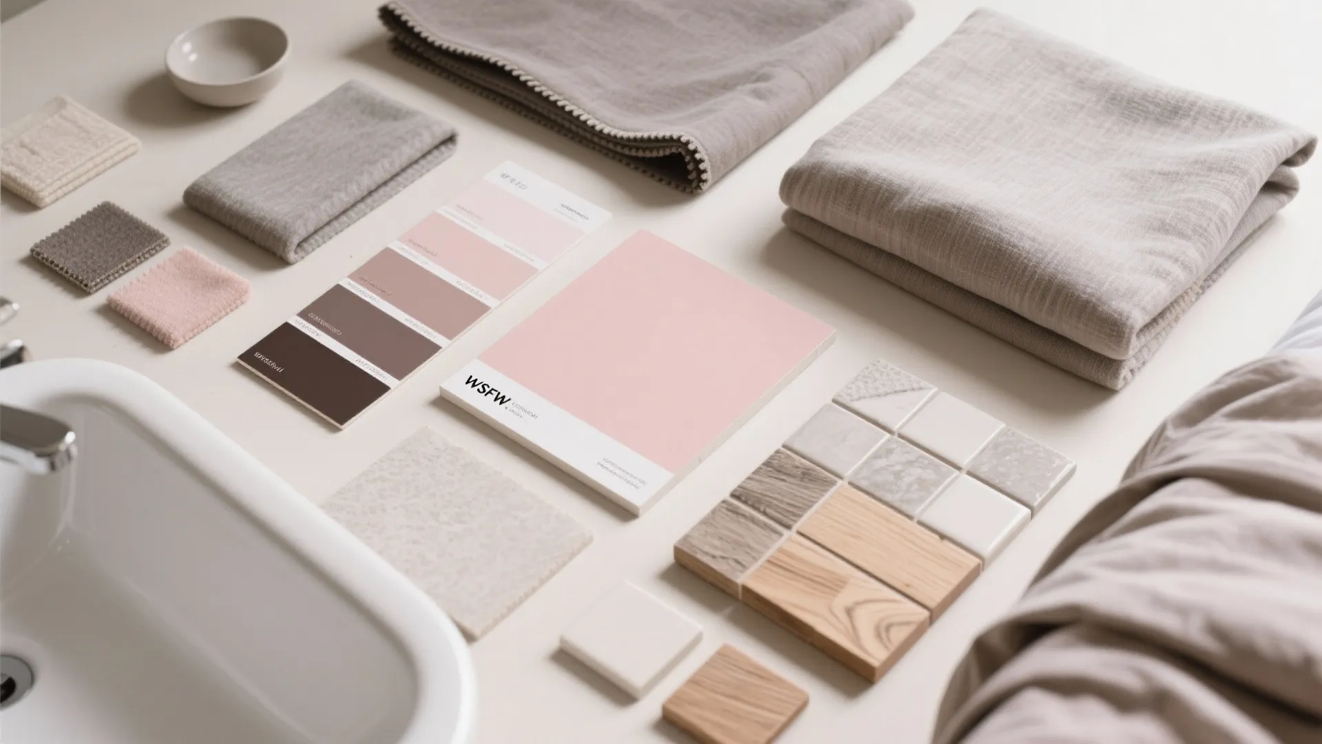 Interior design mood board with fabric samples pink color palettes wood tiles and a white sink