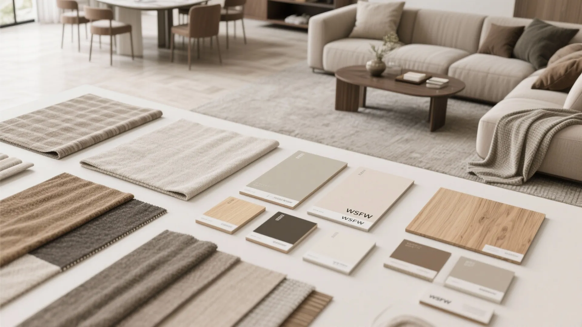 Interior design material board with fabric swatches wood samples and color tiles in living room