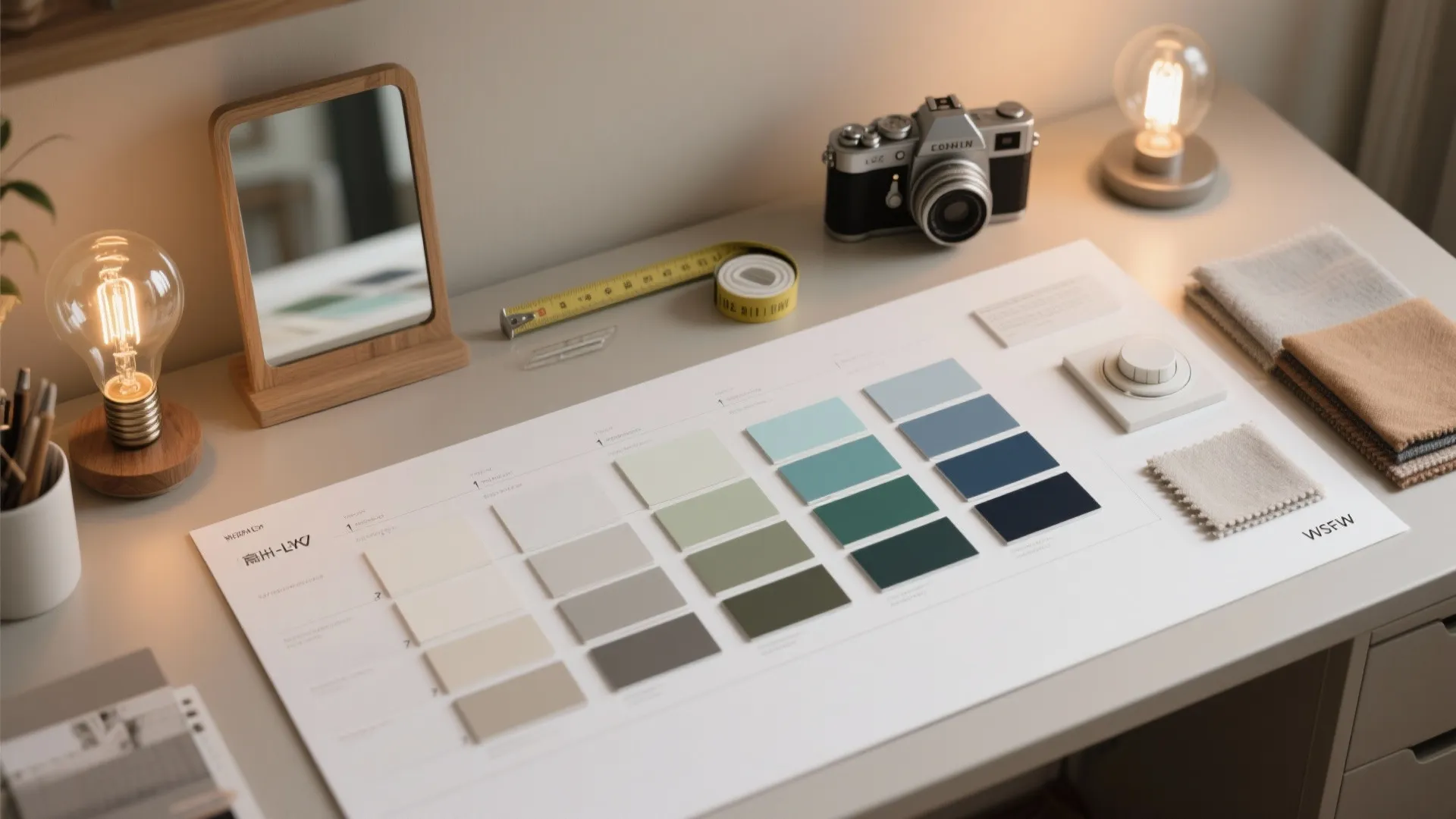 Top-down designer desk with paint swatches, warm bulbs, a mirror, and tools arranged in a clear sequence.