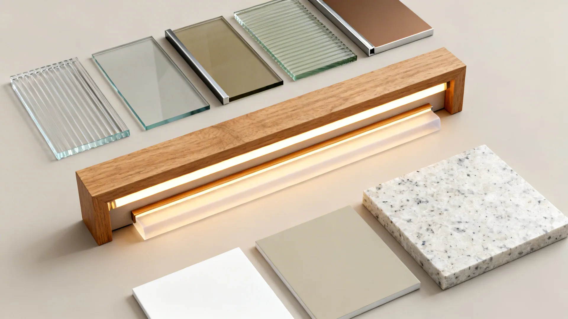 Flatlay of clear, tinted, reeded, and laminated glass with frame and LED samples for compact kitchens.