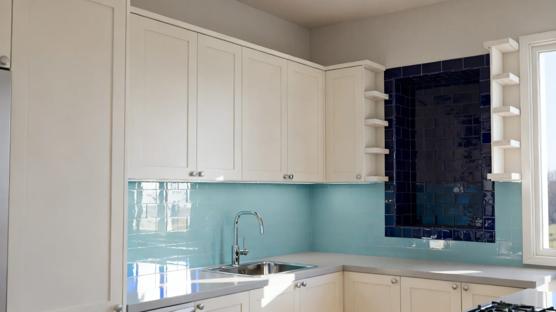 Pastel blue glossy tiles by the sink and deep navy gloss near shelves in a small kitchen.