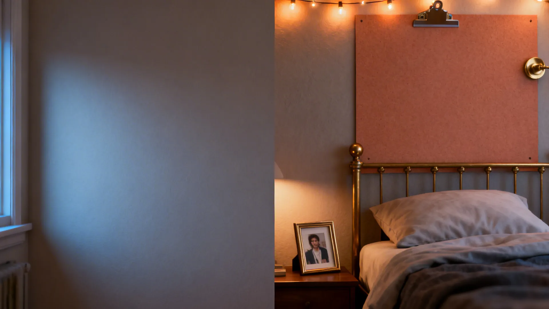 Before and after of a small bedroom adding terracotta panel, amber lights, and brass accents.
