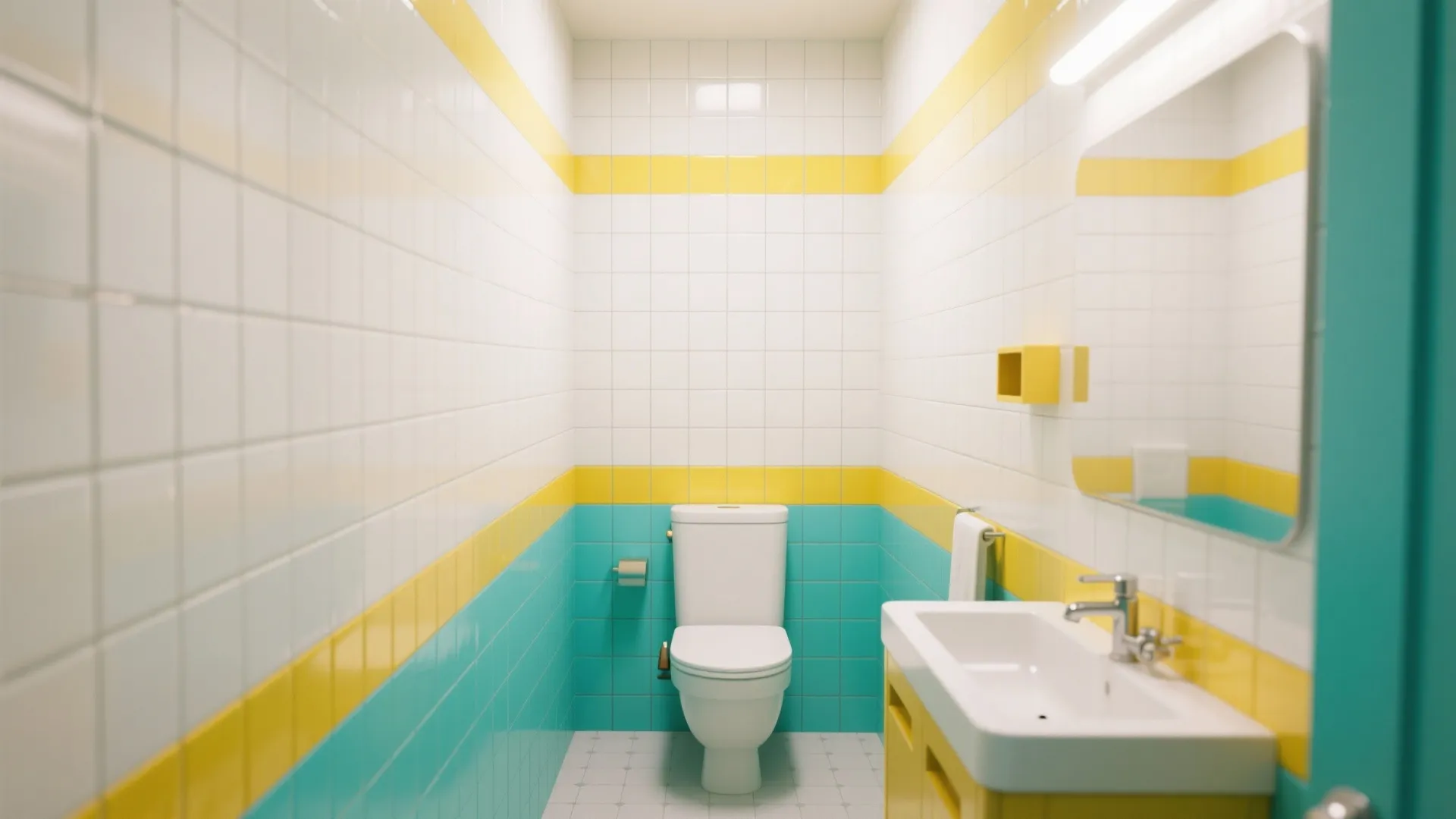 Small bathroom featuring white yellow and teal wall tiles with a white toilet and sink