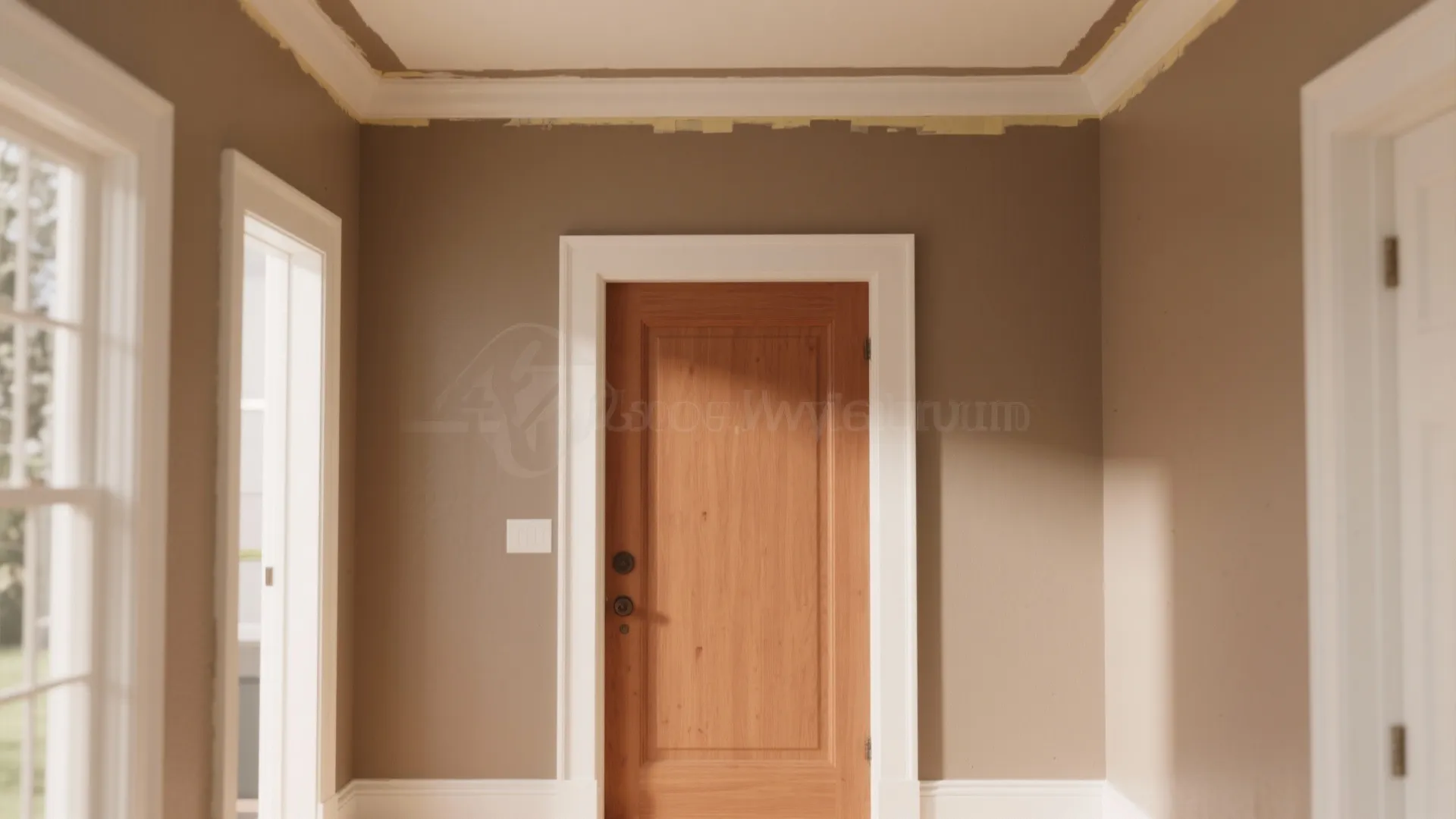 Brown painted wall with white trim and a natural wood door in a home hallway