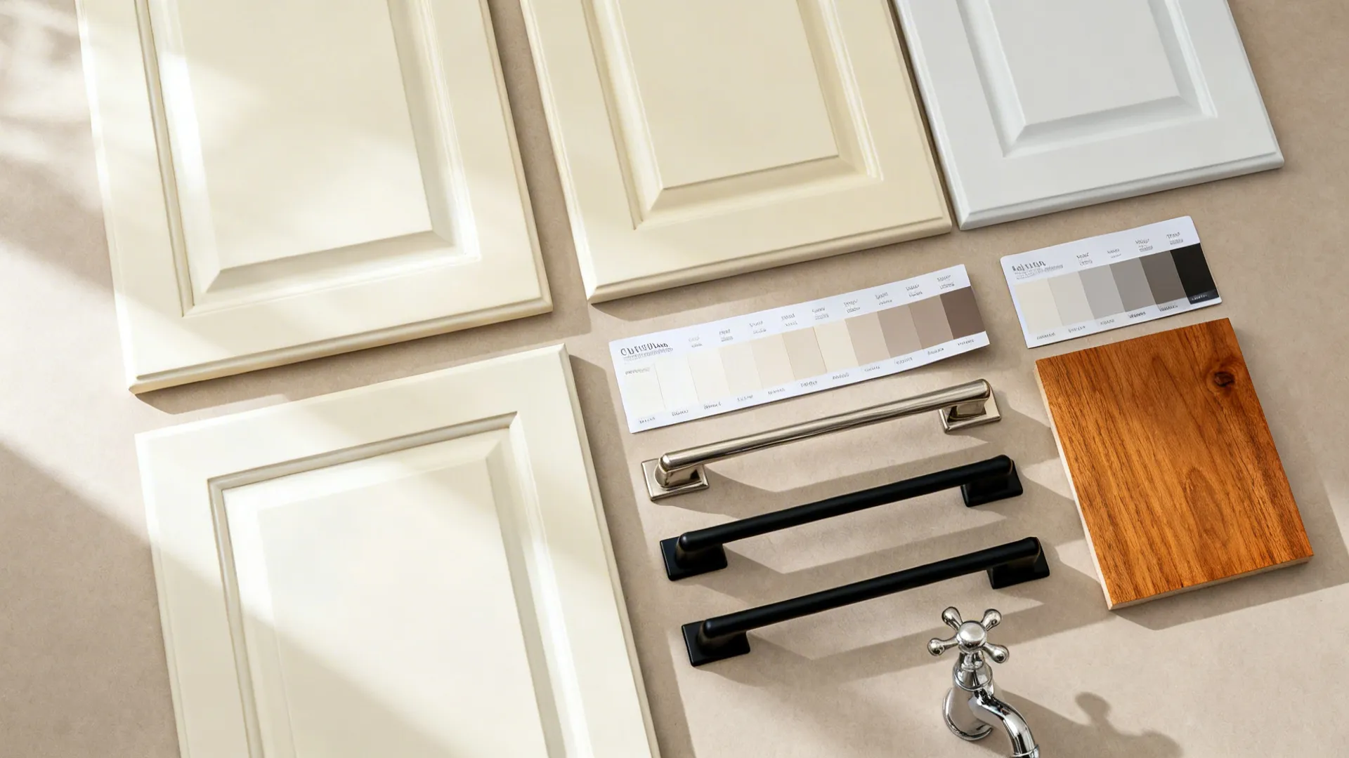 Collection of cream cabinet doors, color swatches, black handles, wood sample, and silver water tap
