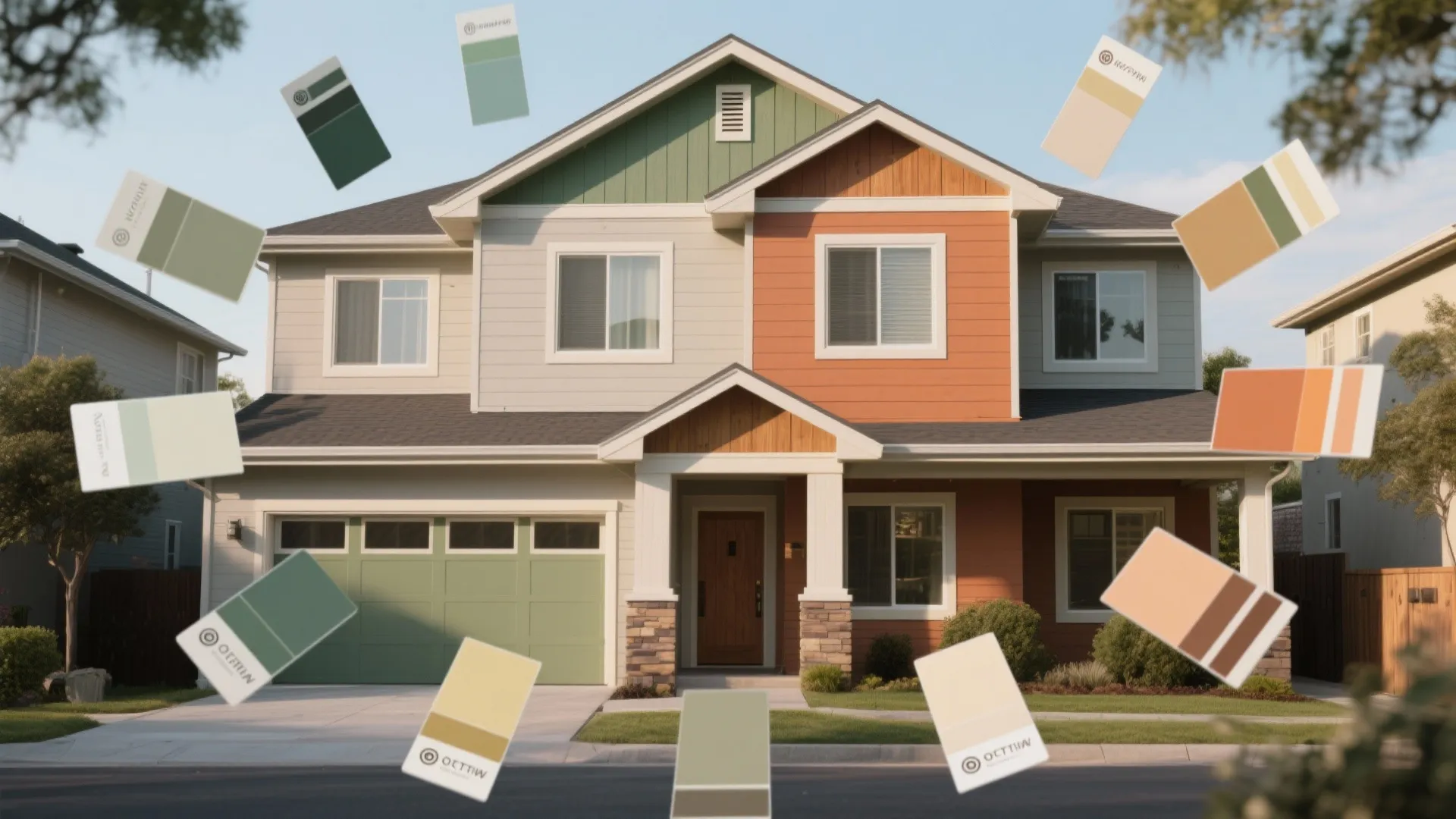 Two story house with green garage door and various colorful paint swatches floating in air