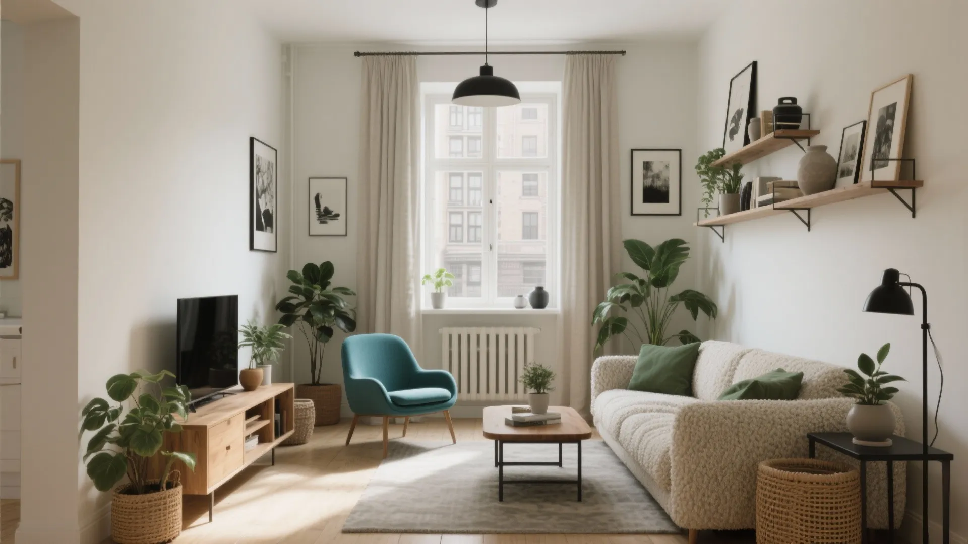 Modern living room with white sofa blue armchair wooden cabinet green plants and large windows
