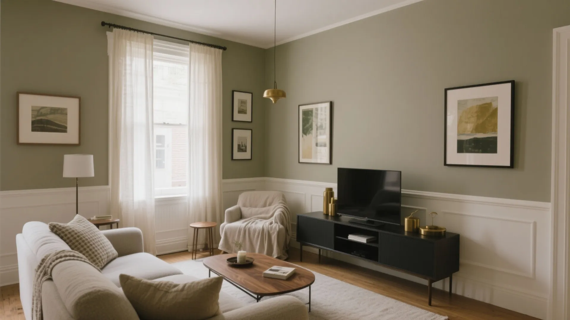 Living room with green walls, white wall panel, grey sofa, television cabinet, and natural light