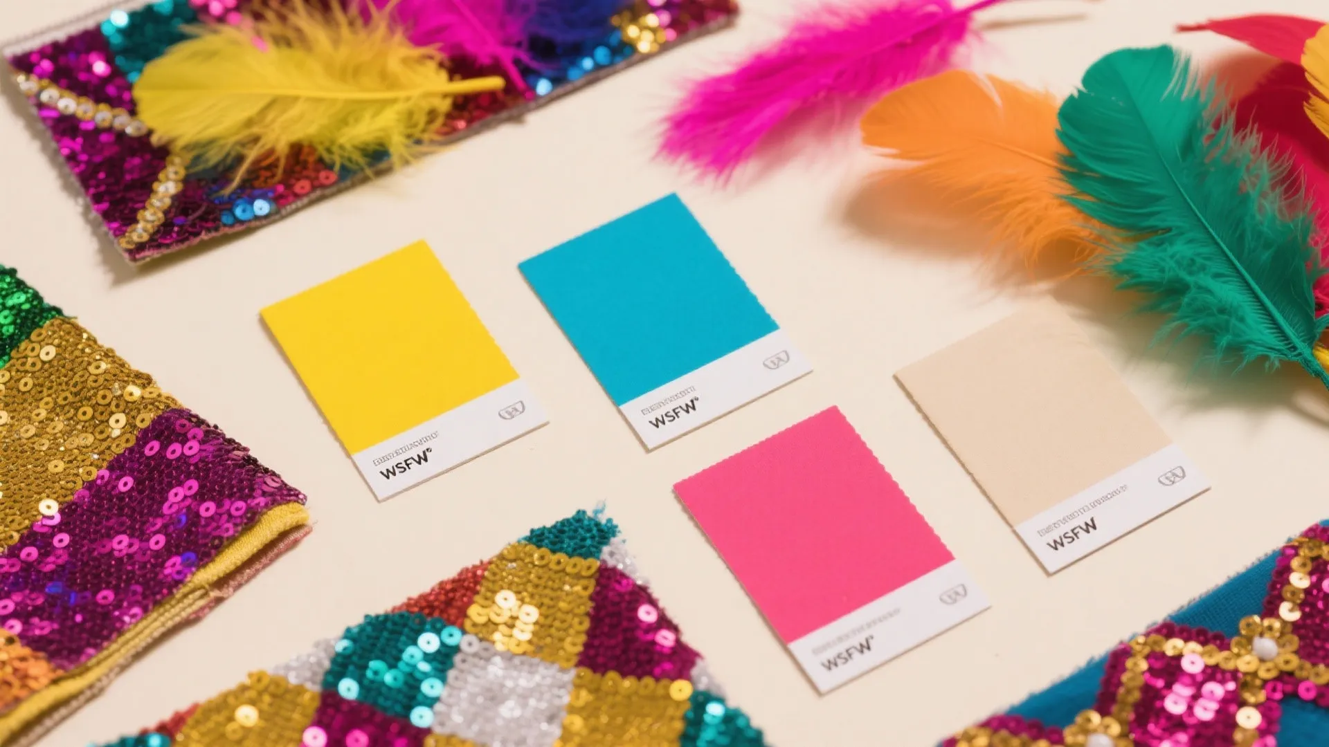 Flat lay of bright colors and fabric samples inspired by Rio Carnival