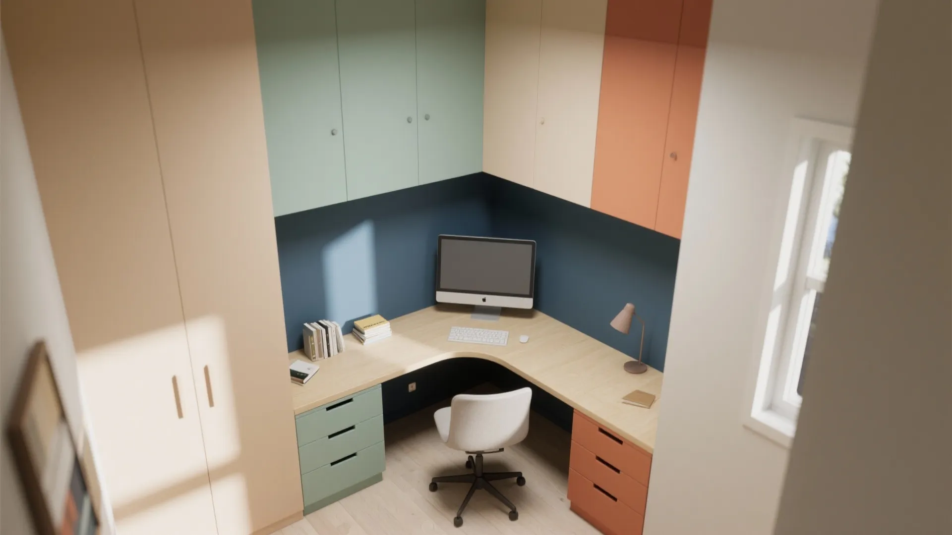 Colorful home office corner with built-in cabinets, light wood desk, computer, and white rolling chair