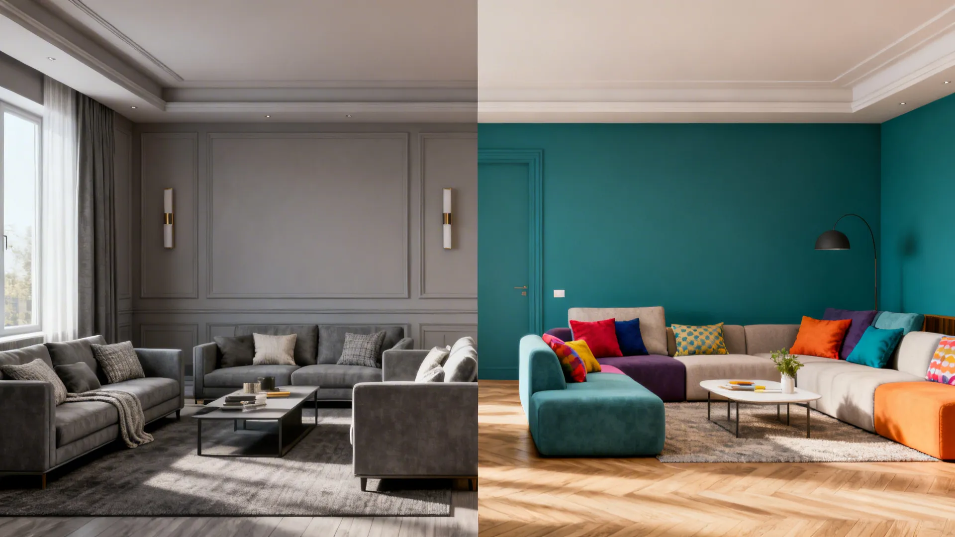 Side-by-side comparison of a grey classical living room and a vibrant modern living room design