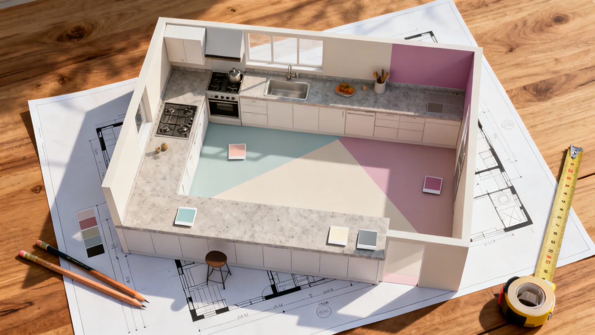 Top-down L-shaped kitchen plan with color zones for prep, cook, and clean.