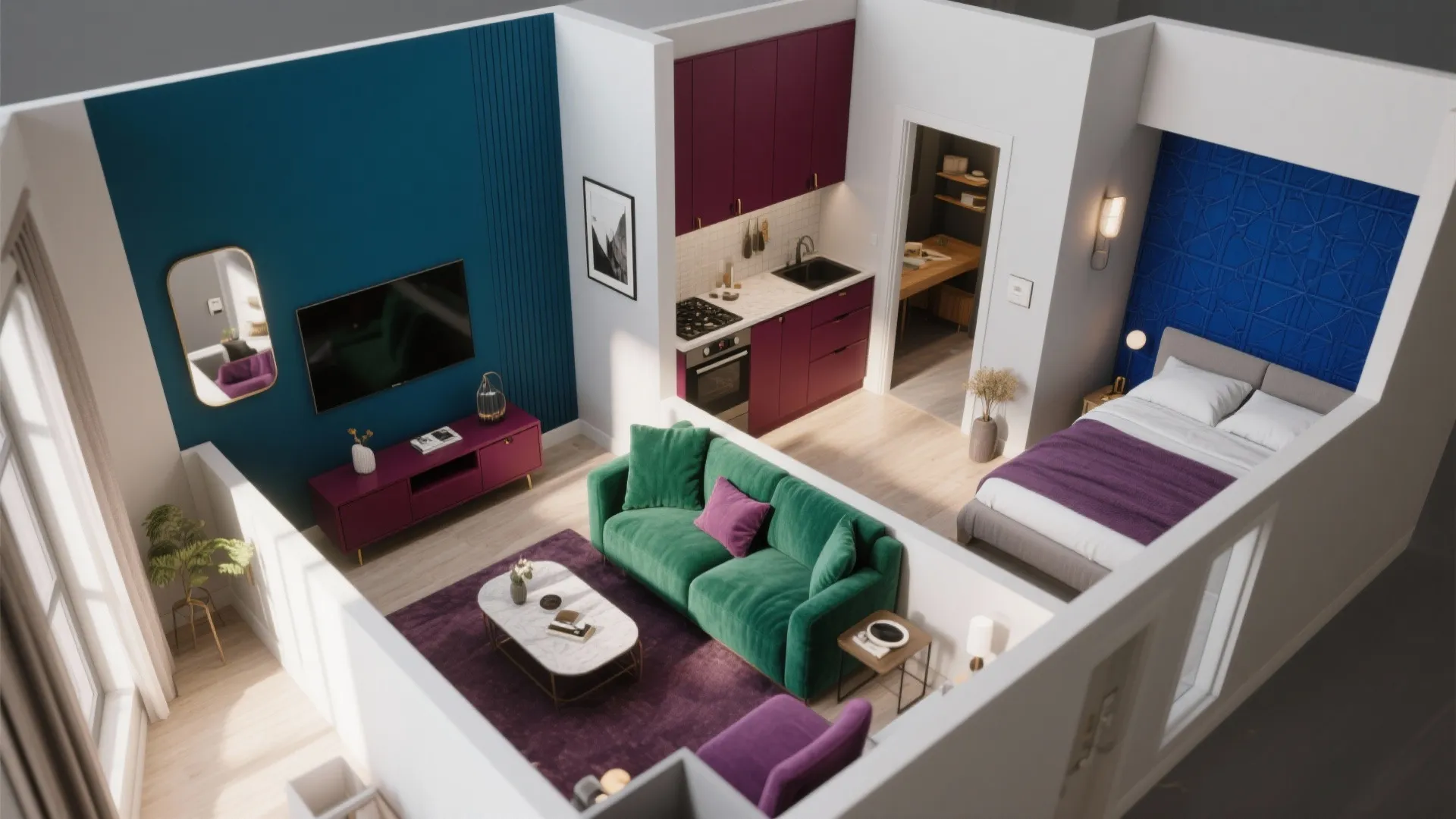 Modern apartment interior design drawing with green sofa purple rug and blue bedroom wall panel