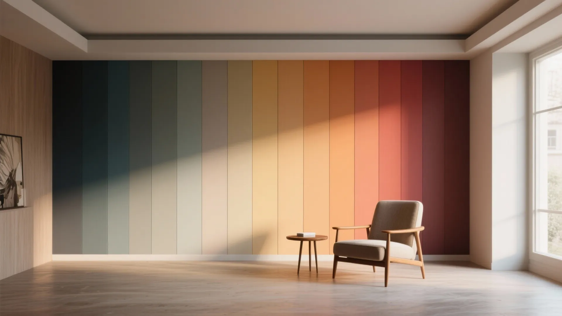 Interior wall with graduated color bands from muted base to saturated top to visually raise the ceiling.