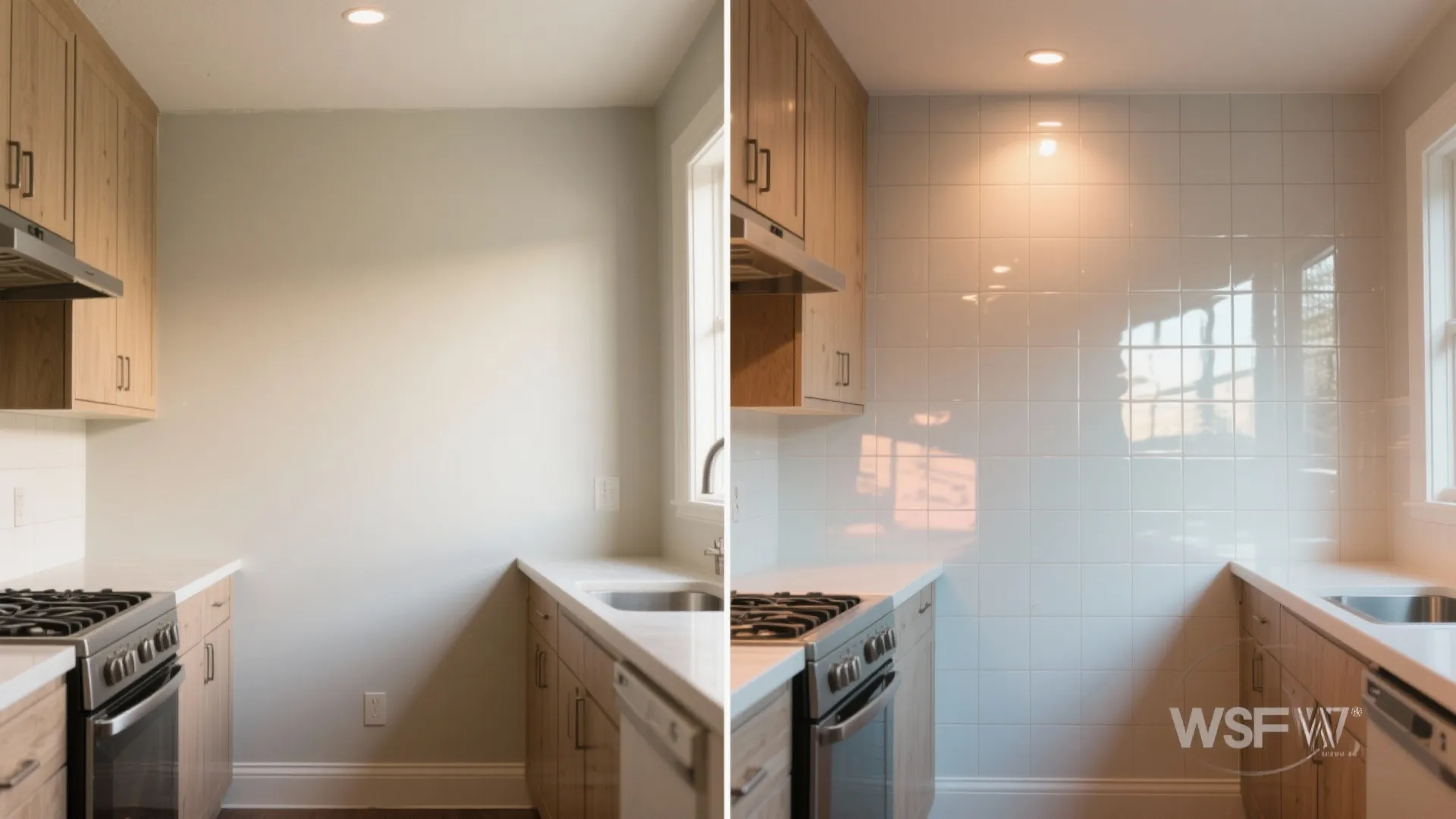 Before and after comparison of a kitchen wall showing plain paint versus new white square tiles