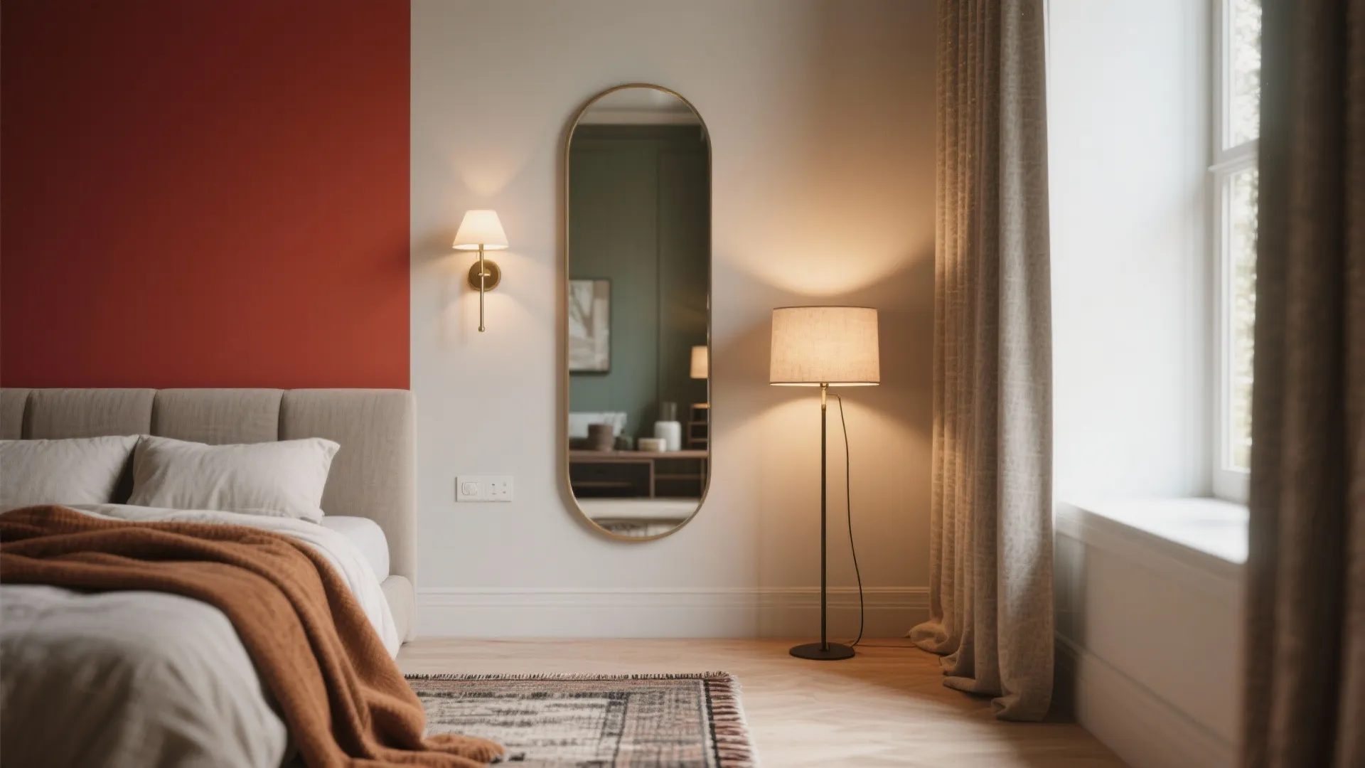 Cozy bedroom with red wall oval mirror wall light floor lamp bed and soft curtains