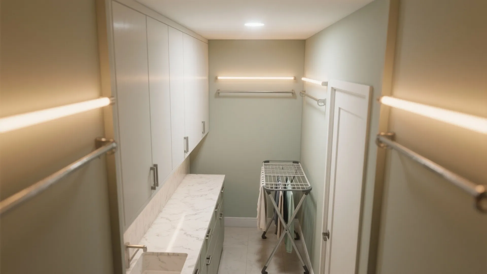 Small laundry room with light green walls white cabinets marble counter and a drying rack