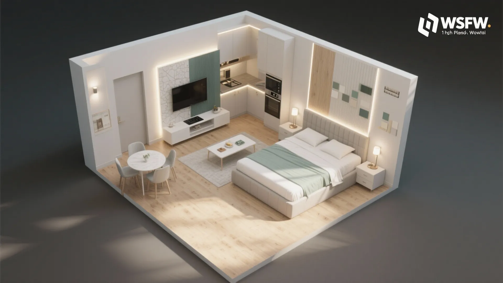 Color zoning and layered lighting to visually enlarge