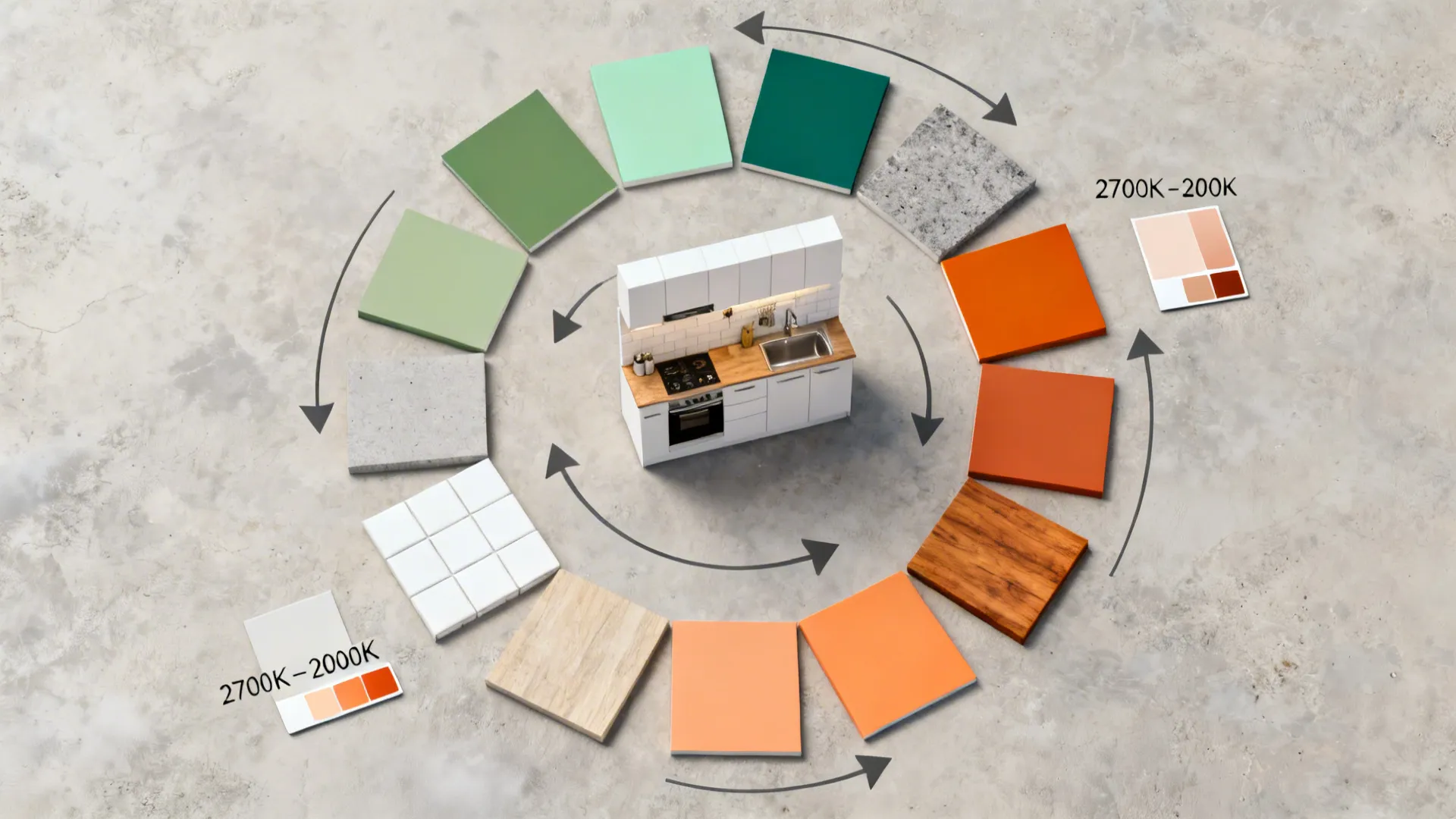 Top-down flat lay of green and orange swatches with wood and lighting chips.