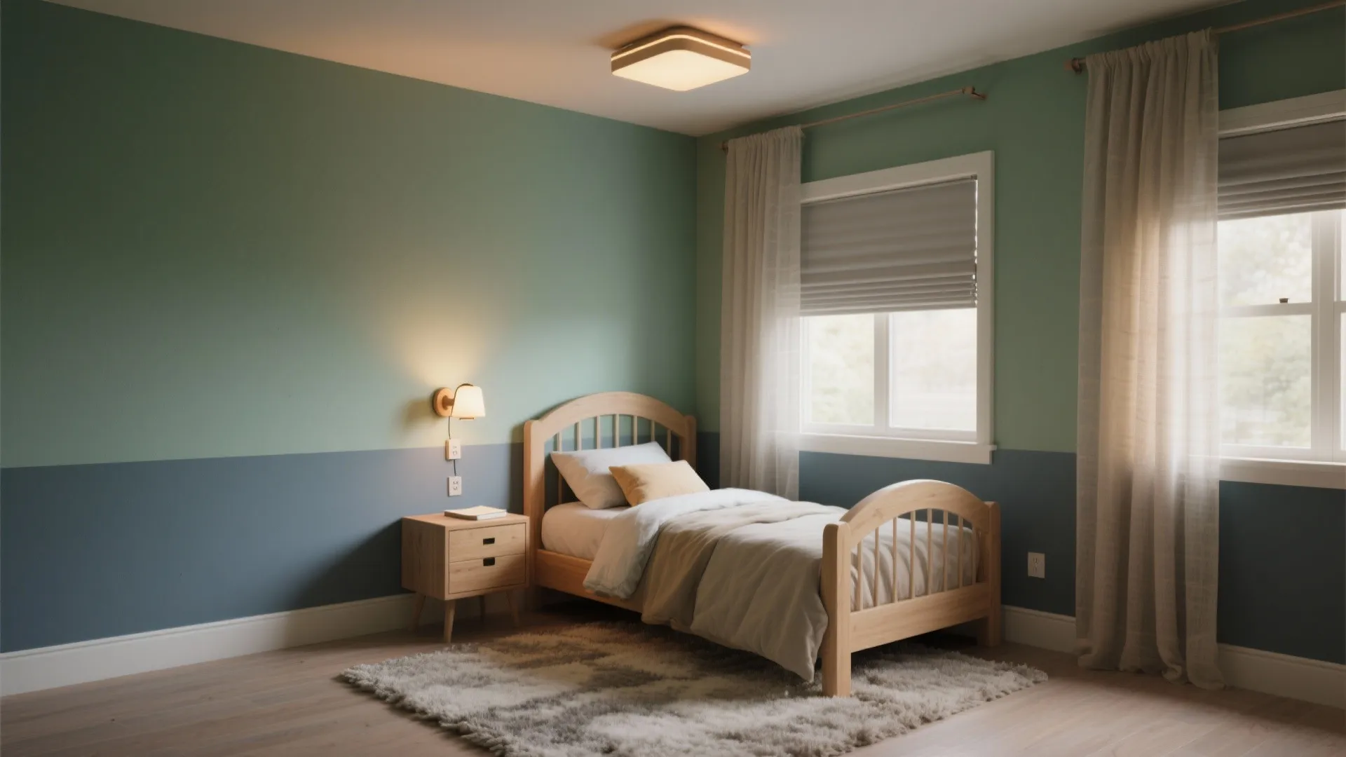 Single wooden bed in a green and blue room with wall light and ceiling light