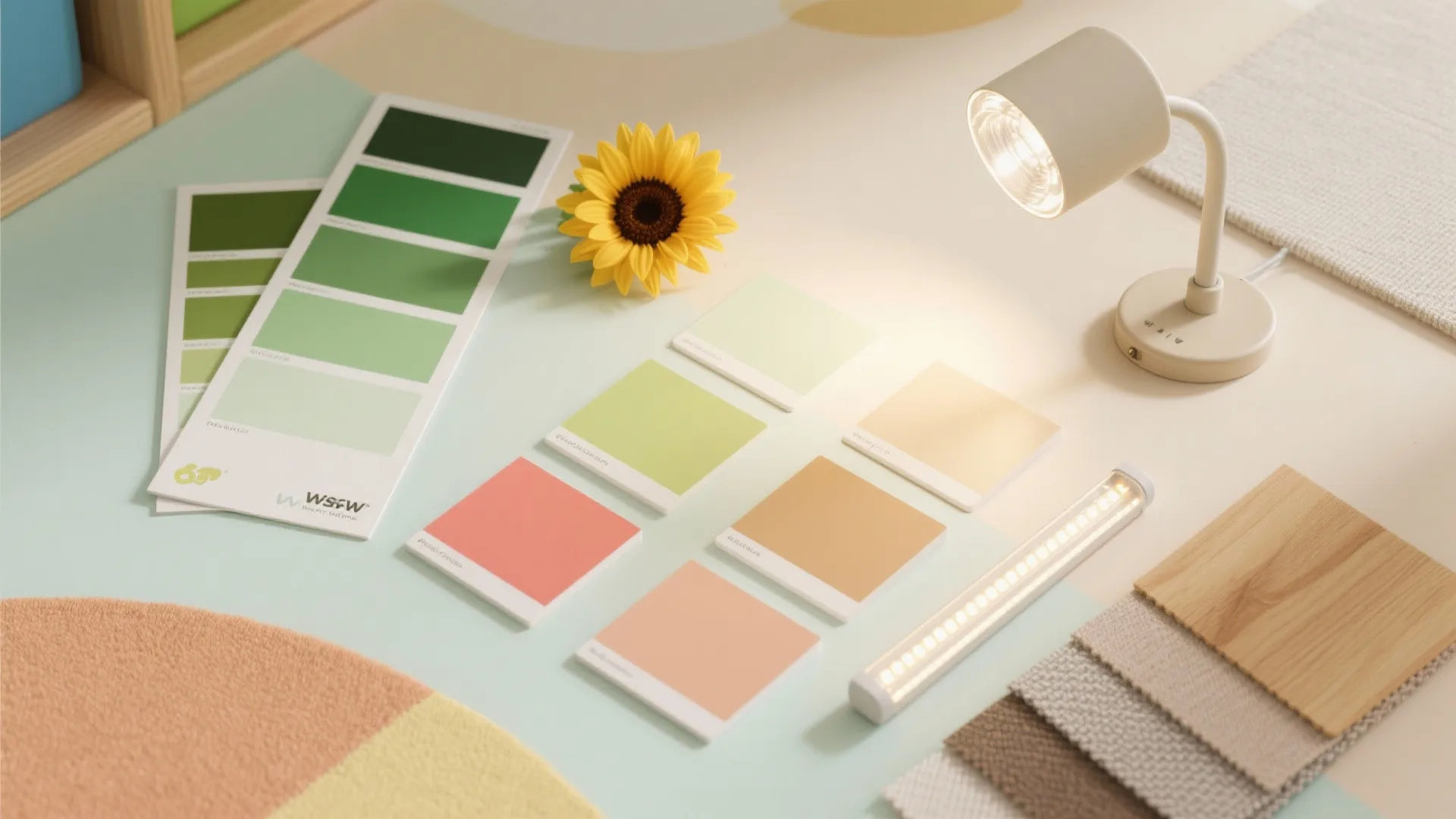 Selection of green and orange color swatches displayed on desk with table light and sunflower