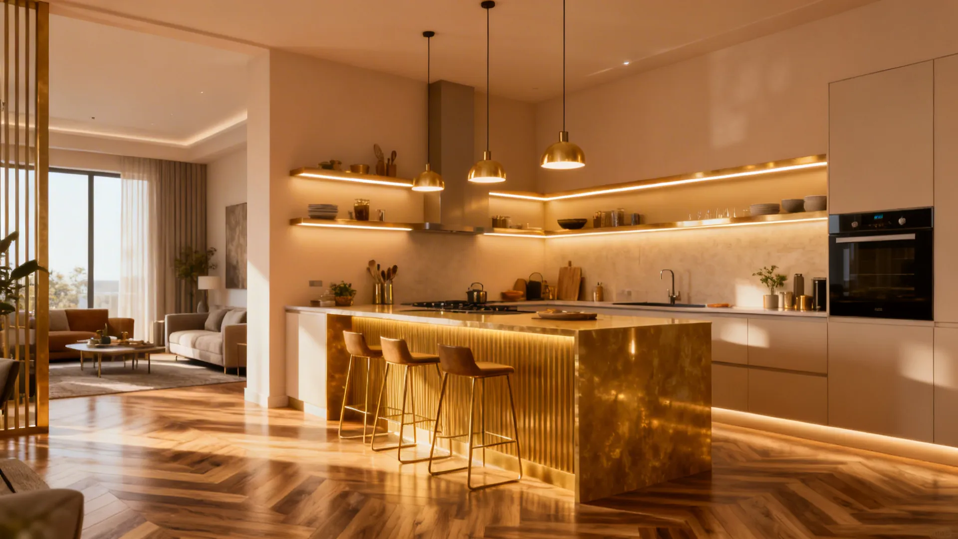 Small kitchen with pale warm walls, layered lighting and consistent flooring extending into living area for cohesion.