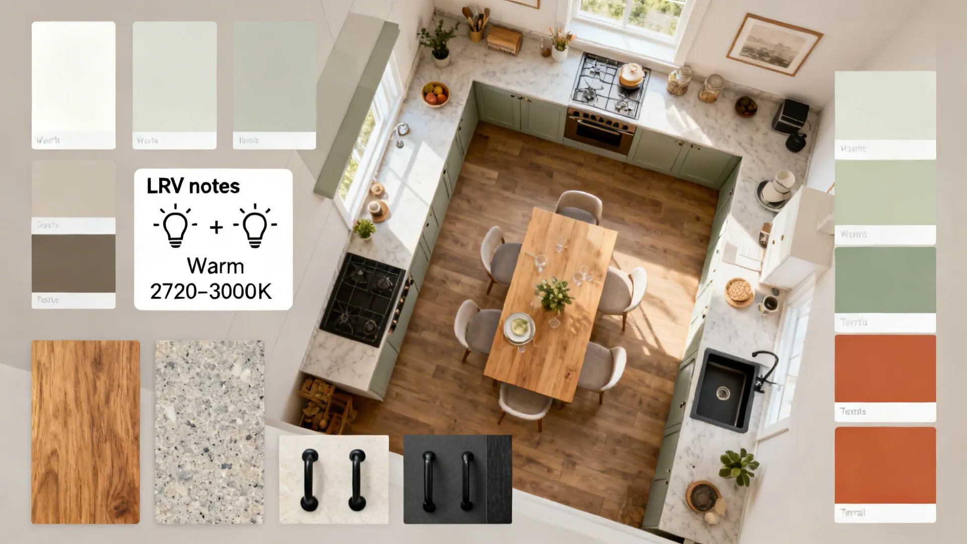 Top-down flat lay of warm white, greige, sage, and terracotta swatches with oak and stone materials.